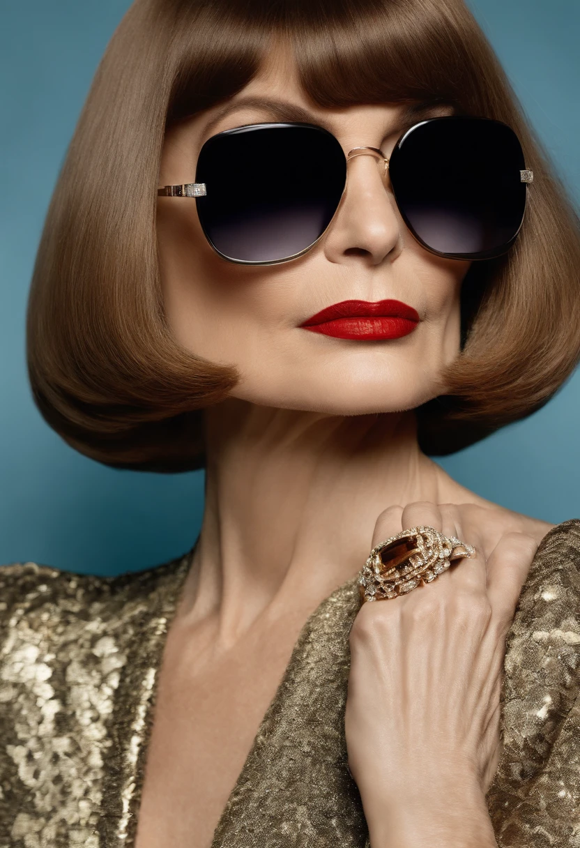 A close-up shot of a decadent dessert,original,Anna Wintour, the influential editor-in-chief of Vogue magazine, is renowned for her distinctive and polished appearance. She is often seen with a sharp, sleek bob haircut and oversized dark sunglasses, which have become her trademark look. Her fashion style is impeccable and sophisticated, usually featuring designer outfits that are both elegant and assertive.