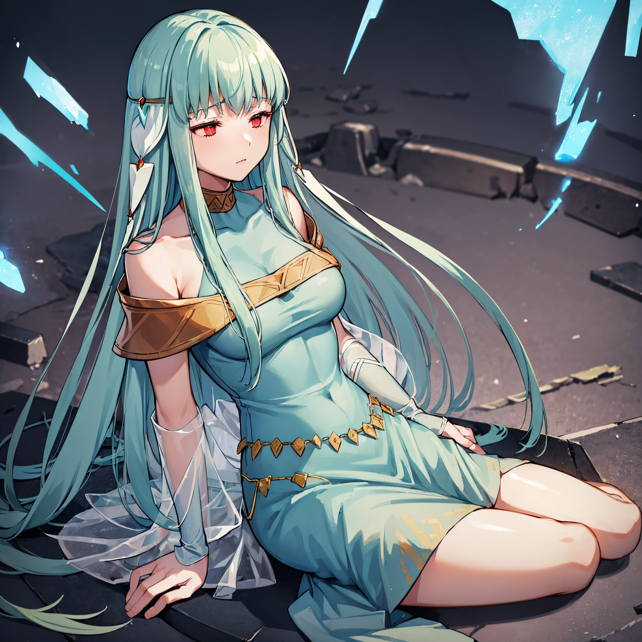 Ninian is lovingly languid in a crater after losing a tough battle, lieing lifeless and inert on debris, rubble, and weapons with torn pieces of fabric out of her dress. She cannot move from her prone position lieing on her back, unable to open her eyes or breath. (Ninian), (blue hair, blue eyes, large shapely breast, long hair, clammy and damp face, 4K quality), (Dress), (long blue drenched dress, bare shoulders, more small jewlery, shattered and torn dress, languid in a dark grey murky field, anguished facial expression, closed eyes, 4k quality) (anguished closed eyes:1), (Ninian languid, prone on her back, defeated in rubble and steel:1.5), Ninian is listless and motionless in a dark grey cloudy field:1.0, Ninian is sullied and dirty:1.2, (lieing in debris and broken metal pieces:1.0), inside has rubble and many pieces of broken spears, blades, and shields covering Ninian, (4K quality, high quality, 4k quality Ninian and dress:1.0), (solo, one person, 1girl:1.5), ninian fe, red eyes, long dress, jewelry, dancer