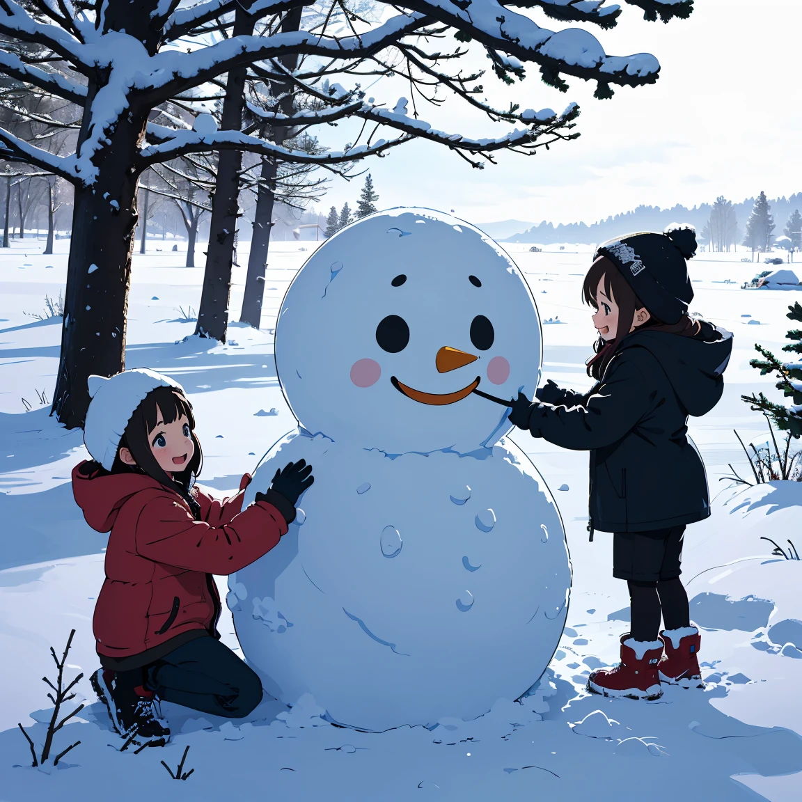 Several  in winter clothes are happily building a snowman in the snowy field