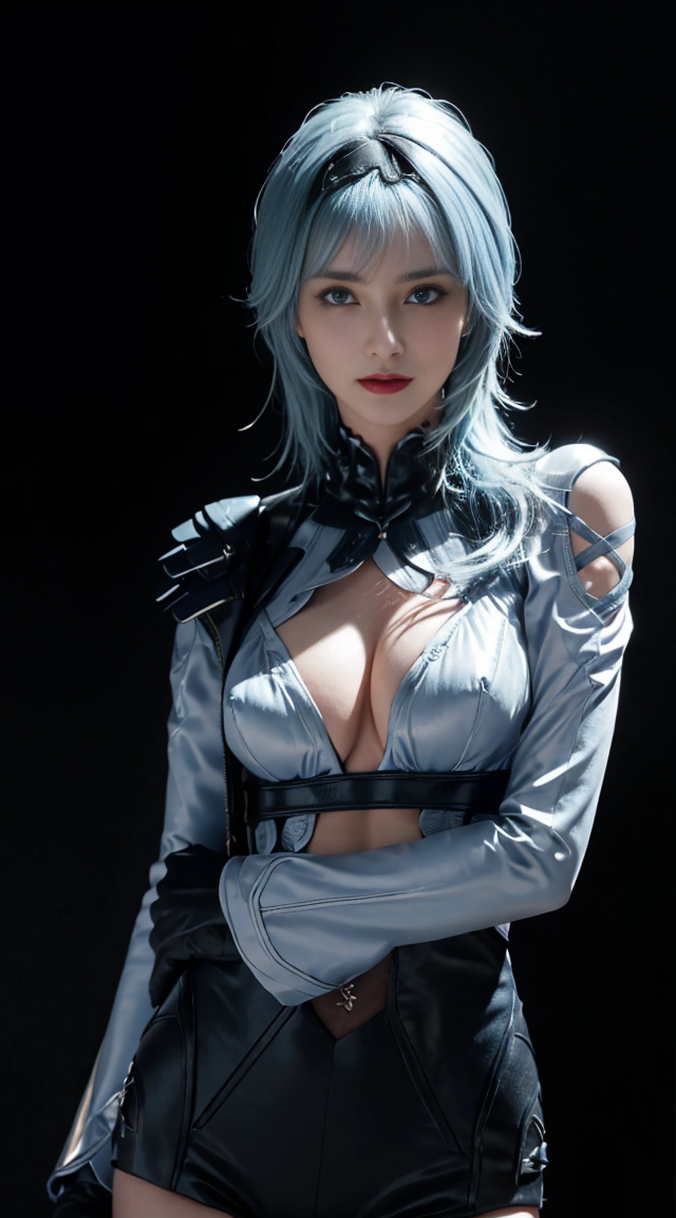 8K, Top Quality, Intricate Details, Ultra Detail, Ultra High Resolution, Masterpiece,close up shot , (full body: 1.1), Slender, Smile, (Makeup: 0.4), (Fluffy Blue Eyes: 1.21), blue Eyes, ((full body)), 1girl, solo, 1 girl, (( full body)), close up shot, , ((tall)), (((fit body))), (((slim face))), sharp face, sharp eyes, (( light blue hair, bangs, long hair )), (detailed face), sharp face, small lips, standing, arm up,
((battlesuits)), detailed face, detailed breast, , large breast, detail ass, , Beautiful girl with accentuated slender abs: 1.4, Six Pack Abs: 1.4, Bust Botox, Big, Perfect Body, detail leg, (( dark background)), black background,