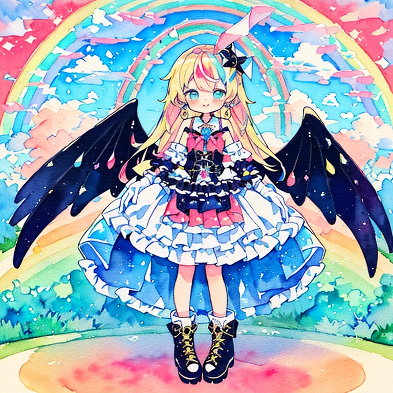 A smile:1.3、levitation、((Colorful, Vivid Color):1.3), (like a hologram々It's a bright colored dress:1.5), ((rainbow crinoline, Rainbow-colored multi-layered skirt):1.4), (Gothic lolita:1.2), (lace-up:1.2), ((Sleeveless, Bare shoulders):1.2), (Rainbow Fairy Wings:1.3),
BREAK (Platform High Boots:1.1), (Long gloves:1.2), ((earrings, Riman):1.2),、(PastelColors:1.2)、(Cute illustration:1.2)、(watercolor paiting:1.2)