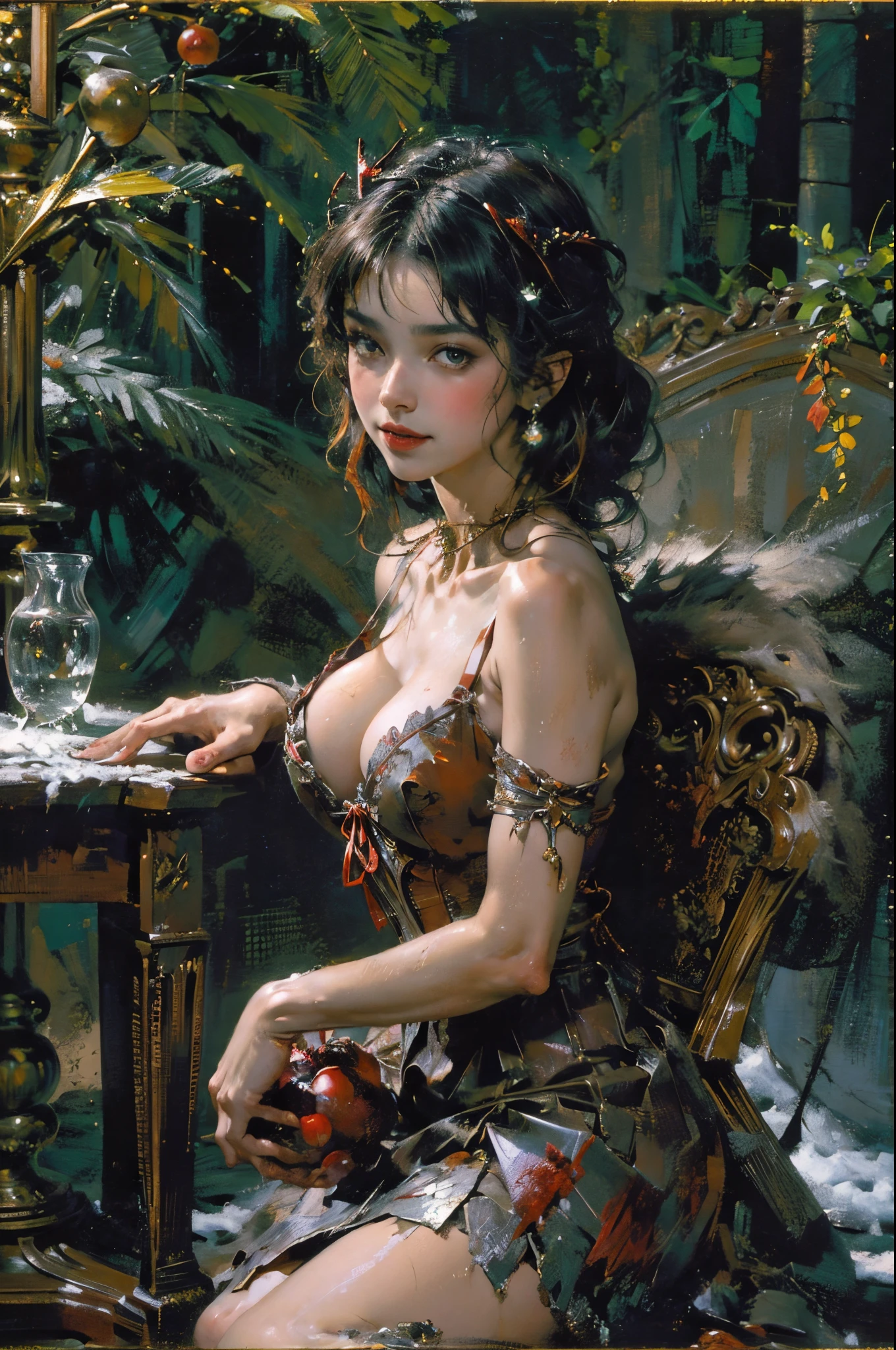 Portrait of laughing girl living with wolves now leading them into battle. Clothes are torn and exposed (:1.4) body, Armored shoulder blade, bucktooth, curled horns, Large breasts, ((Snow and blood)), ((Tundra Wolf)), red capelet,red red hood,laced dress,redhood, capes, Big breasts corset, a skirt, reddress,Carrying a basket of fruits,Candy House,ln the forest,the dark forest,Chalet in the woods,exteriors,natural lightting, Glass jars filled with candy, Whimsical decoration, Sugar carving, 8K, k hd, 详细的脸, 詳細な目,hyper realisitc, + Cinema lenses + dynamic compositions, Huge beasts,Mature female figure, slim toned body,mediuml breasts,Sweated,Wet hair,(very delicate beautiful),Contour deepening, realistically, Precise geometry, Complicated details, Smiling,From the bottom up,Close-up cleavage,Charming and sexy legs,((Sexual suggestiveness)),seductiv,(post-Impressionist),,(Fechin Oil Painting - Fechin Oil Painting , oil painted), 01