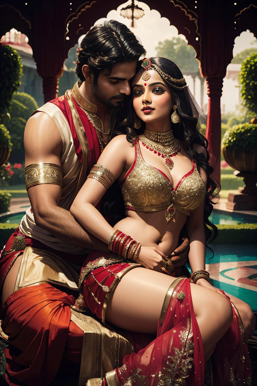 Sexy Indian young Woman wearing sexy red lehenga, sitting on lap of clean shaved man (lord Krishna), making out, aggressively, peacock feather, Indian traditional dress, Krishna and Radha, in a garden