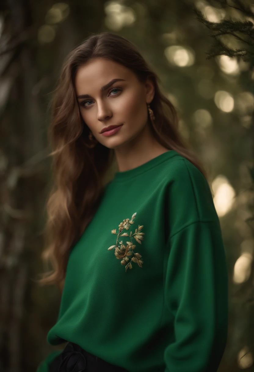 (Masterpiece: 1.3), (8K, Realistic, RAW photo, Best Quality: 1.4), Best Quality, High Resolution, Masterpiece, best detail, 8K, 3D model in a green fleece sweatshirt with IsLiMi embroidery in black on the chest and green trousers, made in a soft style, Face detailing, Ukrainian, in full height, dreamy quality, feminine exuberance, Matte Photo, without inscriptions and logos