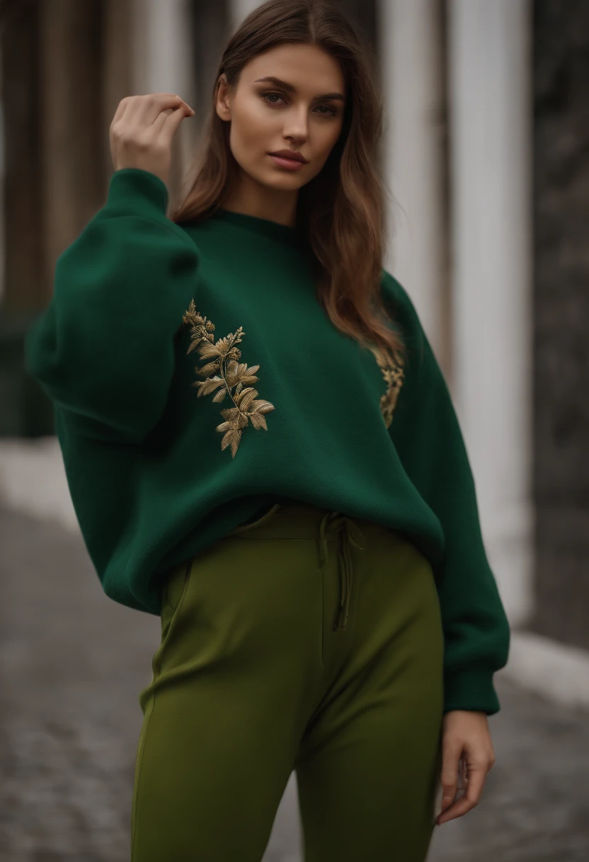 (Masterpiece: 1.3), (8K, Realistic, RAW photo, Best Quality: 1.4), Best Quality, High Resolution, Masterpiece, best detail, 8K, 3D model in a green fleece sweatshirt with IsLiMi embroidery in black on the chest and green trousers, made in a soft style, Face detailing, Ukrainian, in full height, dreamy quality, feminine exuberance, Matte Photo, without inscriptions and logos