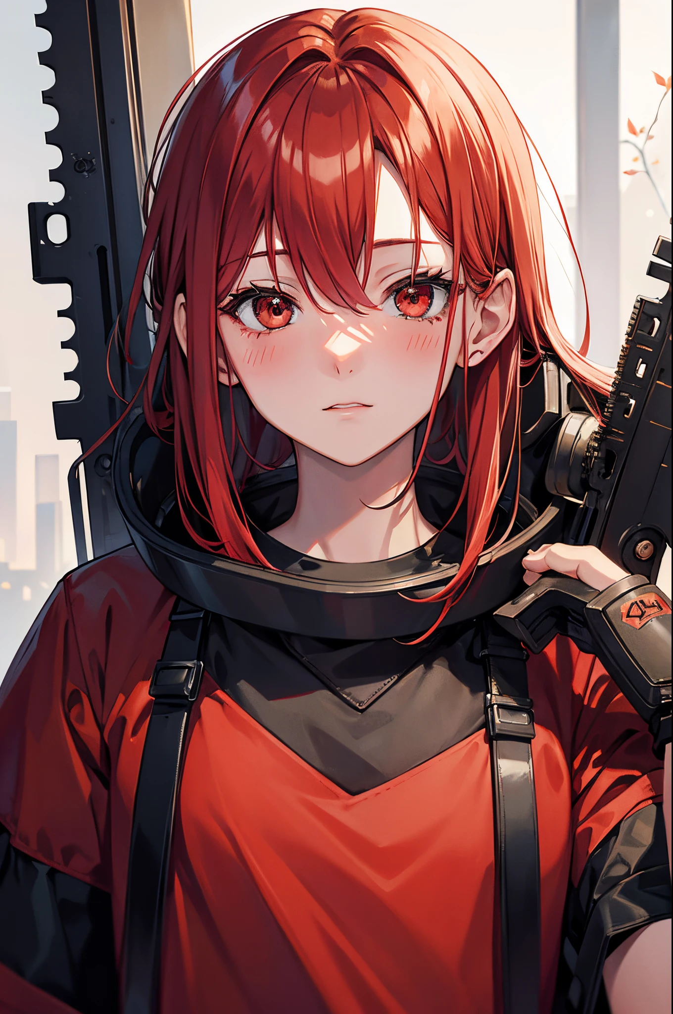Makima chainsaw man, wearing a red jakcet, potrait, half body potrait, detailed face, blushing face