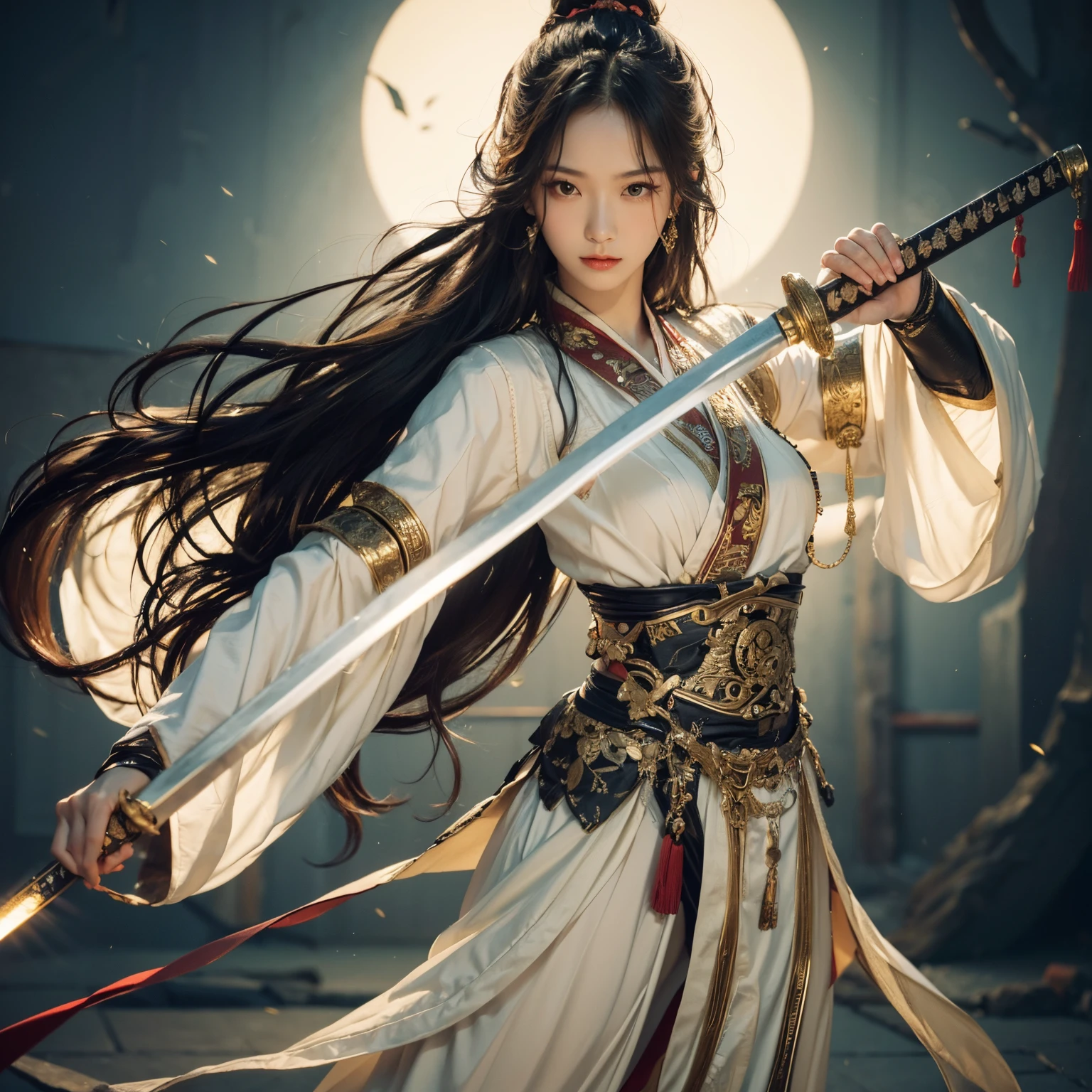 Masterpiece, best quality, asian girl , black long hair, looking at viewer, ancient chinese dress, chinese sword, armor, standing pose, perfect lighting , dynamic pose, fighting stance , full body , intricate