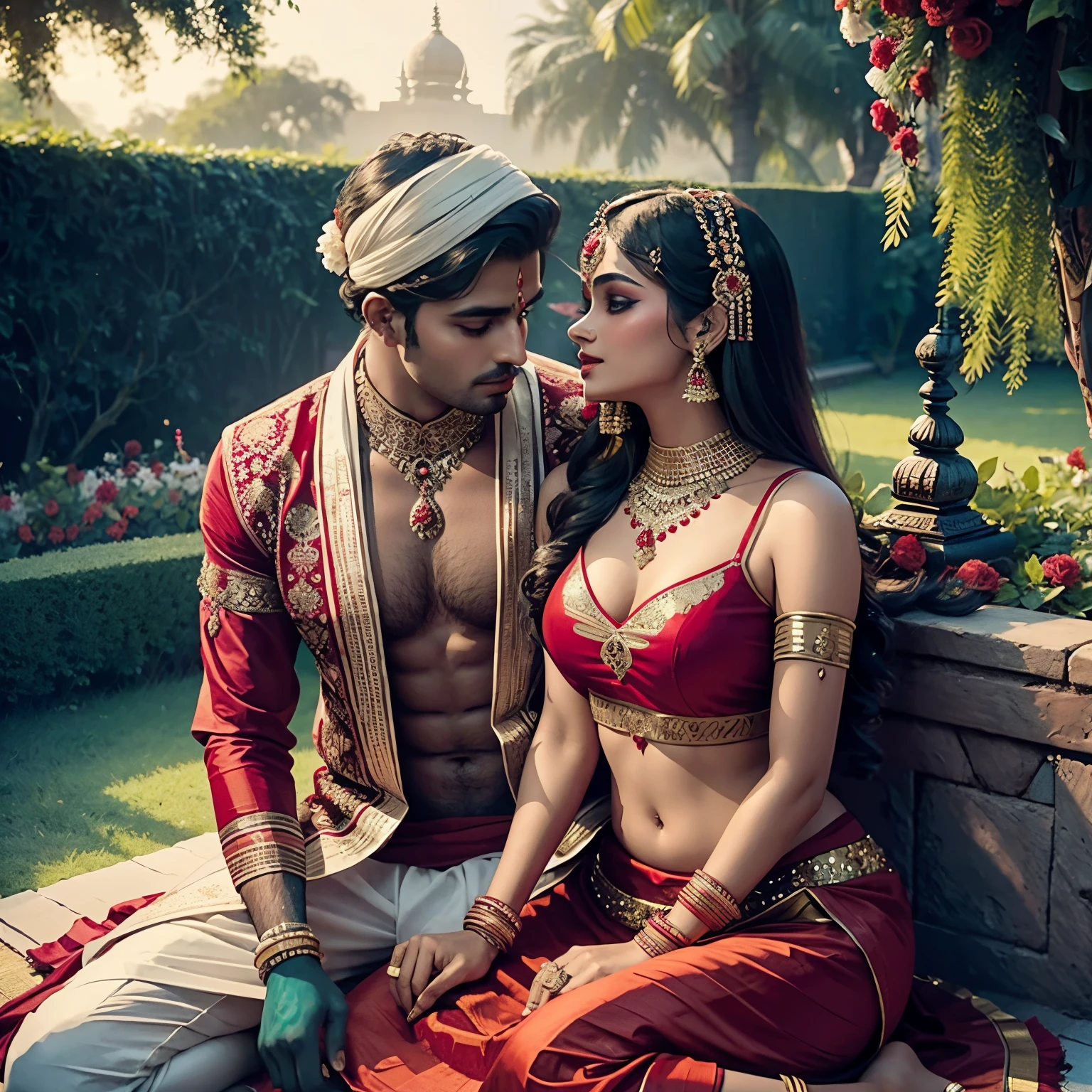 Sexy Indian young Woman wearing sexy red lehenga, sitting on lap of clean shaved man (lord Krishna), making out, aggressively, peacock feather, Indian traditional dress, Krishna and Radha, in a garden