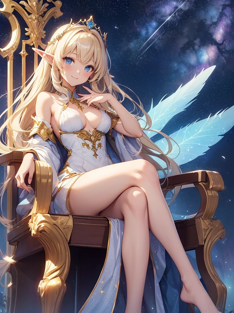 top-quality、Top image quality、​masterpiece、Full body naked girl((20yr old、Best Bust、big bast、Bust 90,Beautiful blue eyes、,Blonde long hair、A slender、Fairy feathers、a closeup、Sit with your knees bent、sideways Facing、、Floating in the light、beautiful tiara、hiquality、Beautiful Art、Background with((starrysky)))masutepiece、visualart、depth of fields、sky at night、、　、low angles、A sexy、Elven ears、Feathers glow in iridescent colors、light magic、kosmos、mid night、Happy smile、Gentle light、Emitting a magical light、I'm not wearing underwear、colorful beautiful dress、Beautiful skins、beutiful breast、beautiful foot、welcome、accurate fingers、Exact finger count、Bend both legs、、Dynamic angles、heavenly palace of light、a throne、Kime Pose