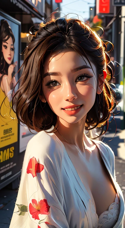 Beautiful face, beautiful body, long legs, big smile, light particles, Create digital artwork in the Pop Art style, Featuring a vibrant and confident young Asian girl,full length red kimono dress open (breast), Movie poster theme, Surrounded by vintage flower motifs, tentacles stretching, Vibrant brushstrokes,Emotions should be dynamic, Upper body, Drawing, illustration, Many flowers,