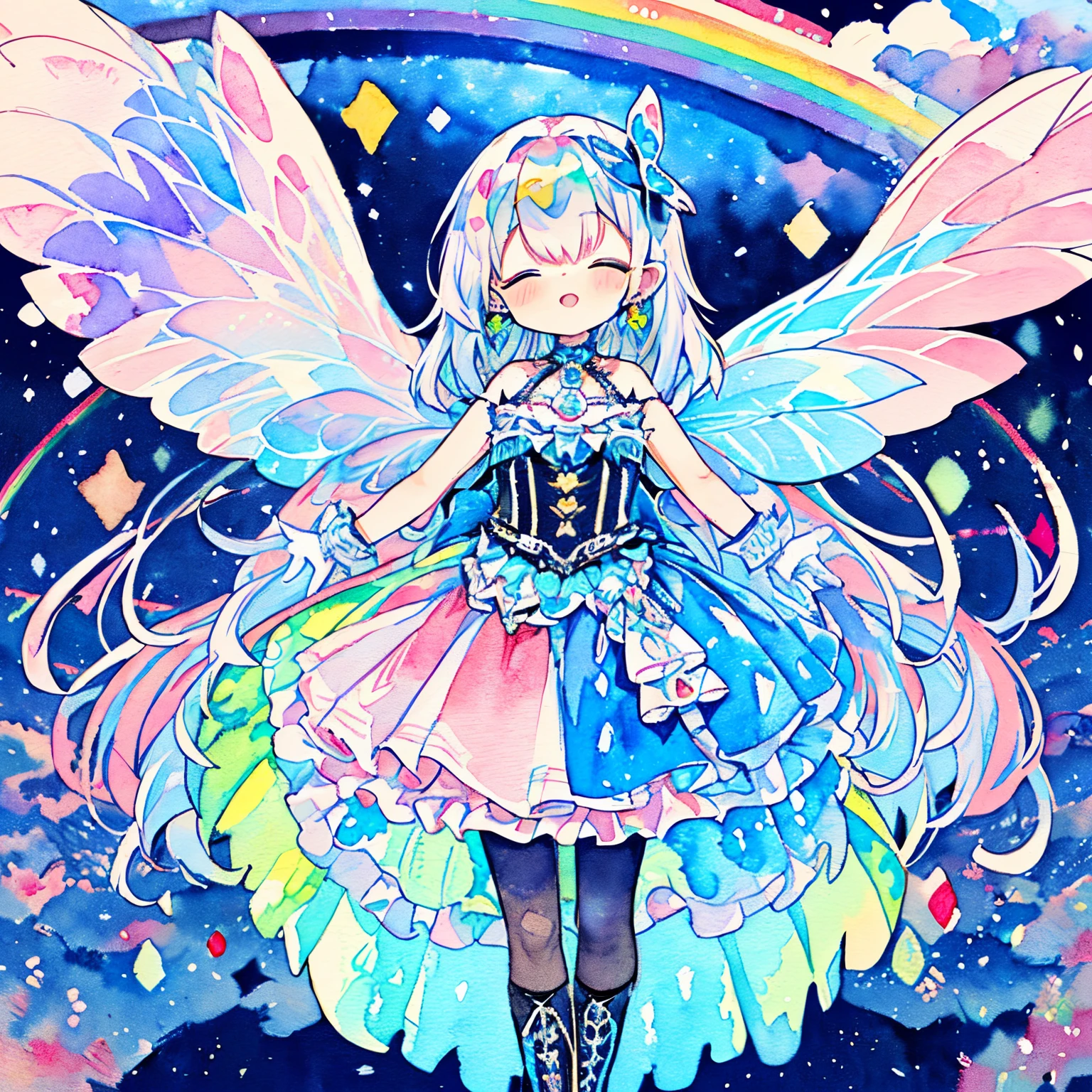 close your eyes and laugh、((Colorful, Vivid Color):1.3), (Like a hologram々A dress that gives off a bright color:1.5), ((iridescent crinoline, Multi-layer skirt that shines in rainbow colors):1.4), (Gothic lolita:1.2), (lace-up:1.2), ((Sleeveless, Bare shoulders):1.2), (iridescent fairy wings:1.3),
BREAK (Platform High Boots:1.1), (Long gloves:1.2), ((earrings, Riman):1.2),、(PastelColors:1.2)、(Cute illustration:1.2)、(watercolor paiting:1.2)