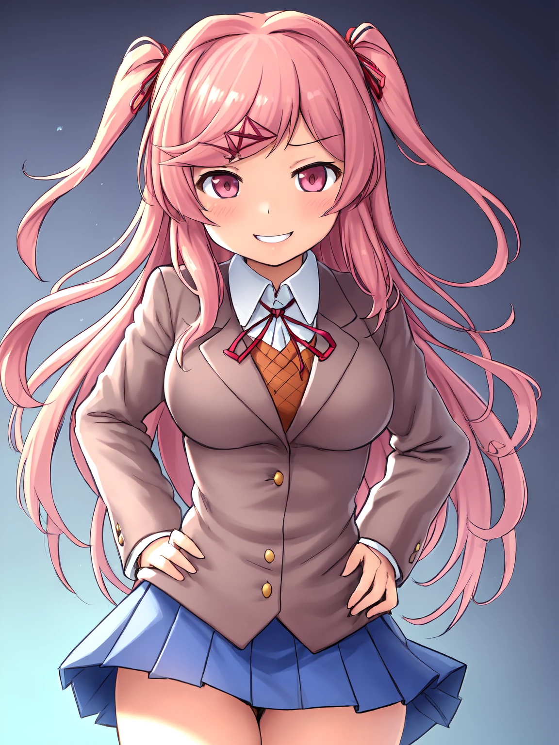 anime, 2d, (Masterpiece, best quality)+, colorful, (highly detailed)+, (very delicate, beautiful)+, character design, female focus, solo, 1girl, natsuki (Doki Doki Literature Club), fang, hair ornament, pink hair, pink eyes, long hair, two side up, swept bangs, x hair ornament, hair ribbon, tall, large supple breasts, wide hips, soft thighs, school uniform, blazer, brown sweater, collared shirt, neck ribbon, blue skirt, school setting, in classroom, confident smile, teeth, hands on hips,