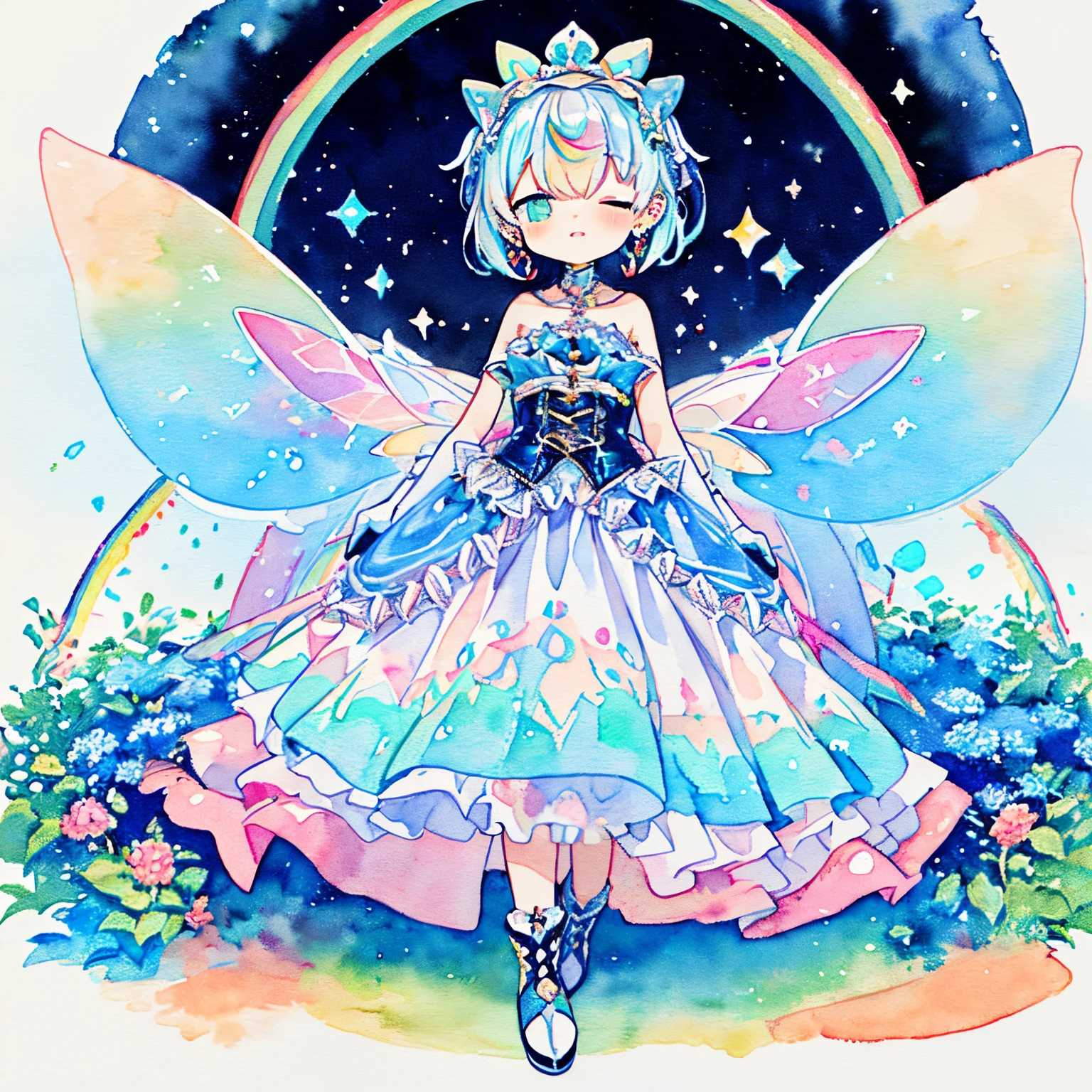 close your eyes and laugh、((Colorful, Vivid Color):1.3), (Like a hologram々A dress that gives off a bright color:1.5), ((iridescent crinoline, Multi-layer skirt that shines in rainbow colors):1.4), (Gothic ta:1.2), (lace-up:1.2), ((Sleeveless, Bare shoulders):1.2), (iridescent fairy wings:1.3),
BREAK (Platform High Boots:1.1), (Long gloves:1.2), ((earrings, Riman):1.2),、(PastelColors:1.2)、(Cute illustration:1.2)、(watercolor paiting:1.2)