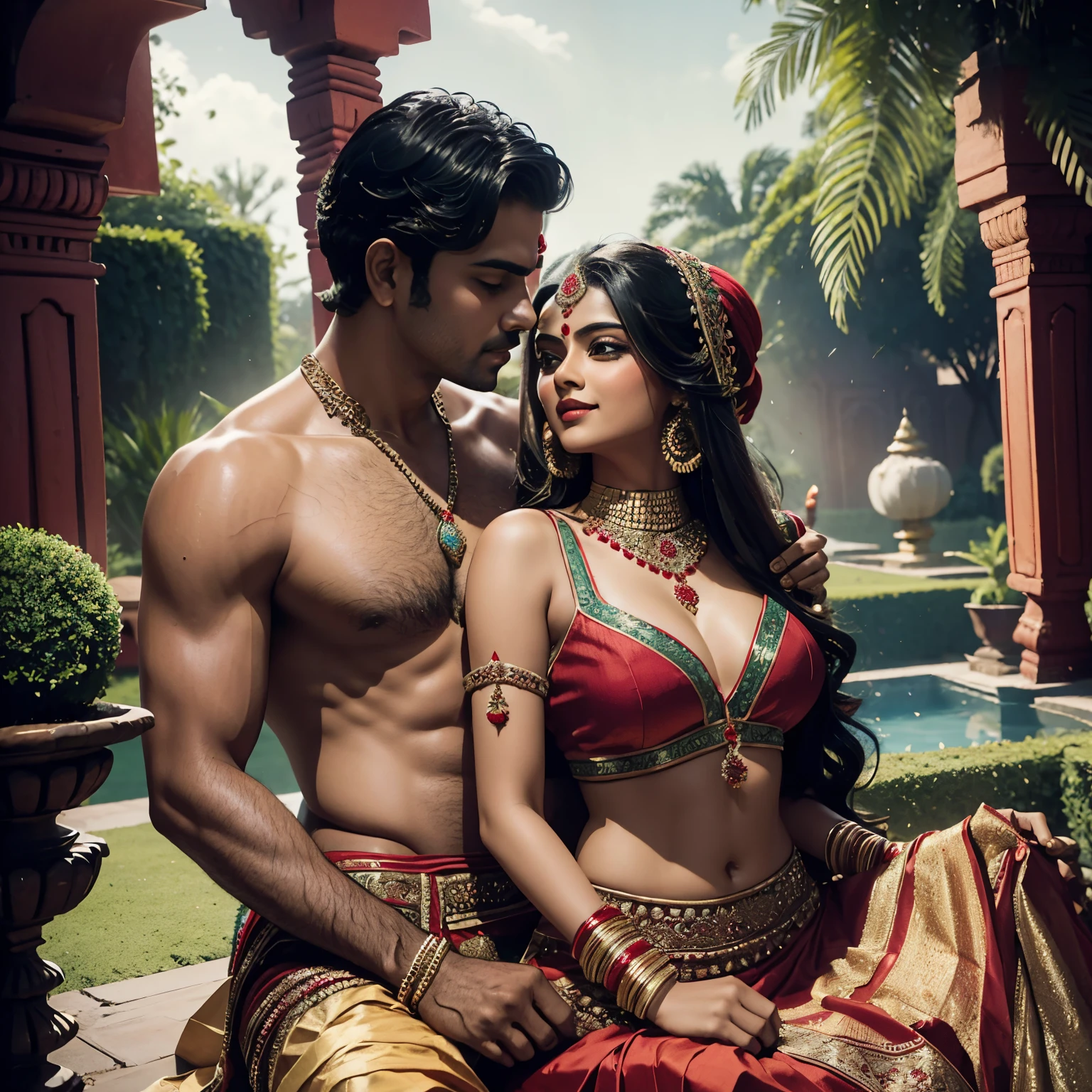 Sexy Indian young Woman wearing sexy red lehenga, sitting on lap of clean shaved man (lord Krishna), making out, aggressively, peacock feather, Indian traditional dress, Krishna and Radha, in a garden