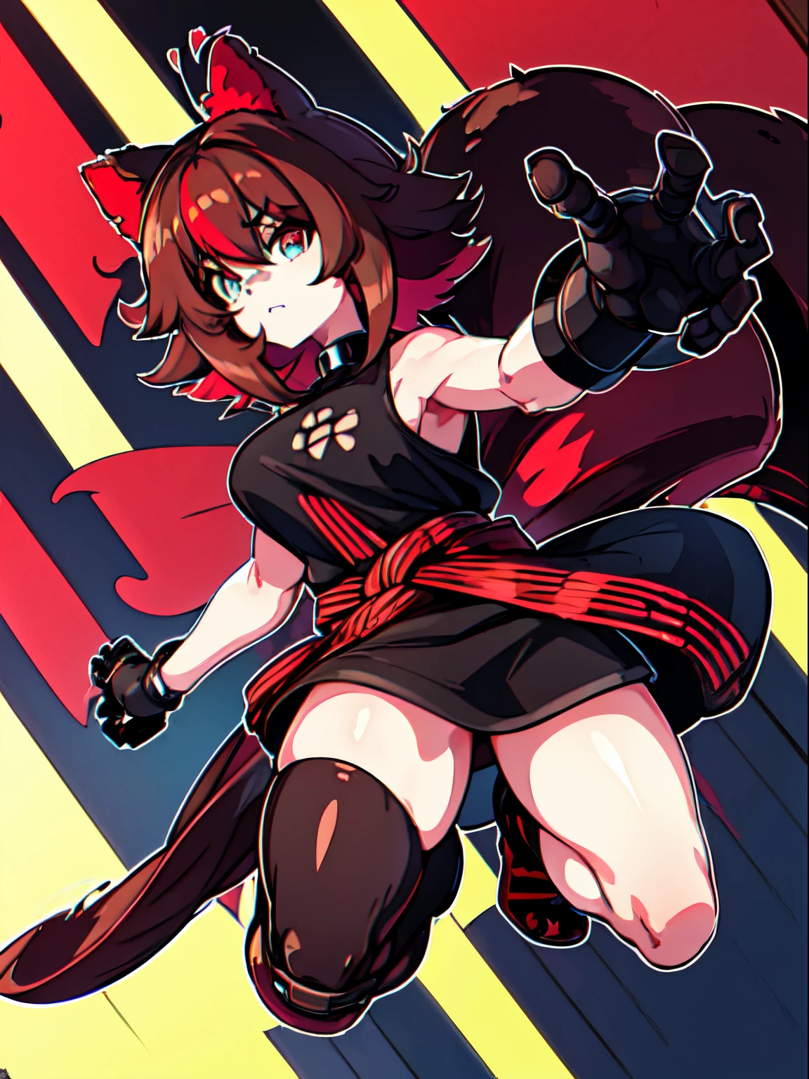 Masterpiece, intricate, anime style, full body, 1girl, rakkun, mecha girl, tanuki ears, red inner ears, red inner ear hair, 1tail, fluffy tail, racoon tail, brown and light brown ringed tail, beautiful eyes, detailed eyes, red and blue eyes blurred, cyber eyes, short hair, red inner hair, brown hair, a strand of hair on the left side, red hair strips, cybernetic body, mecha arms, mecha legs, mechanical arms, mechanical legs, short black shirt uncovered on the shoulders and with a black mesh with black borders up to the collar, polo shirt, short black skitr whit dark red checkered, black belt around the waist, looking at viewer, detailed face, best quality, 4k,highres, professional art, professional drawing, professional lineart, outlined markers