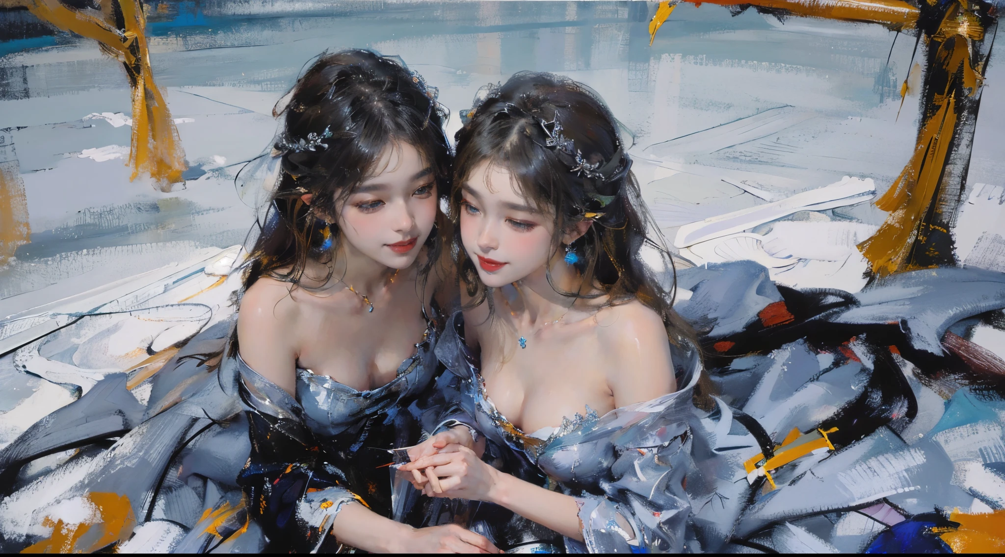 (2  girls),((Yuri))),((Eye contact))),(Look at each other),dancing in the snow, natta，Fireworks show and sea of lights，girl, ,(Best quality), ((tmasterpiece)), (A high resolution), pay,Perfect mature female figure, slim toned body,Original, mediuml breasts,High detail 8K wallpaper, perspired,Wet hair,(very delicate beautiful),Contour deepening, realistically, Precise geometry, Complicated details,Smiling, Long, flowing hair, Rising with the wind, Snowflake colorful gift,Close-up cleavage,((Sexual suggestiveness)),,(Fechin Oil Painting - Fechin Oil Painting , oil painted), 00