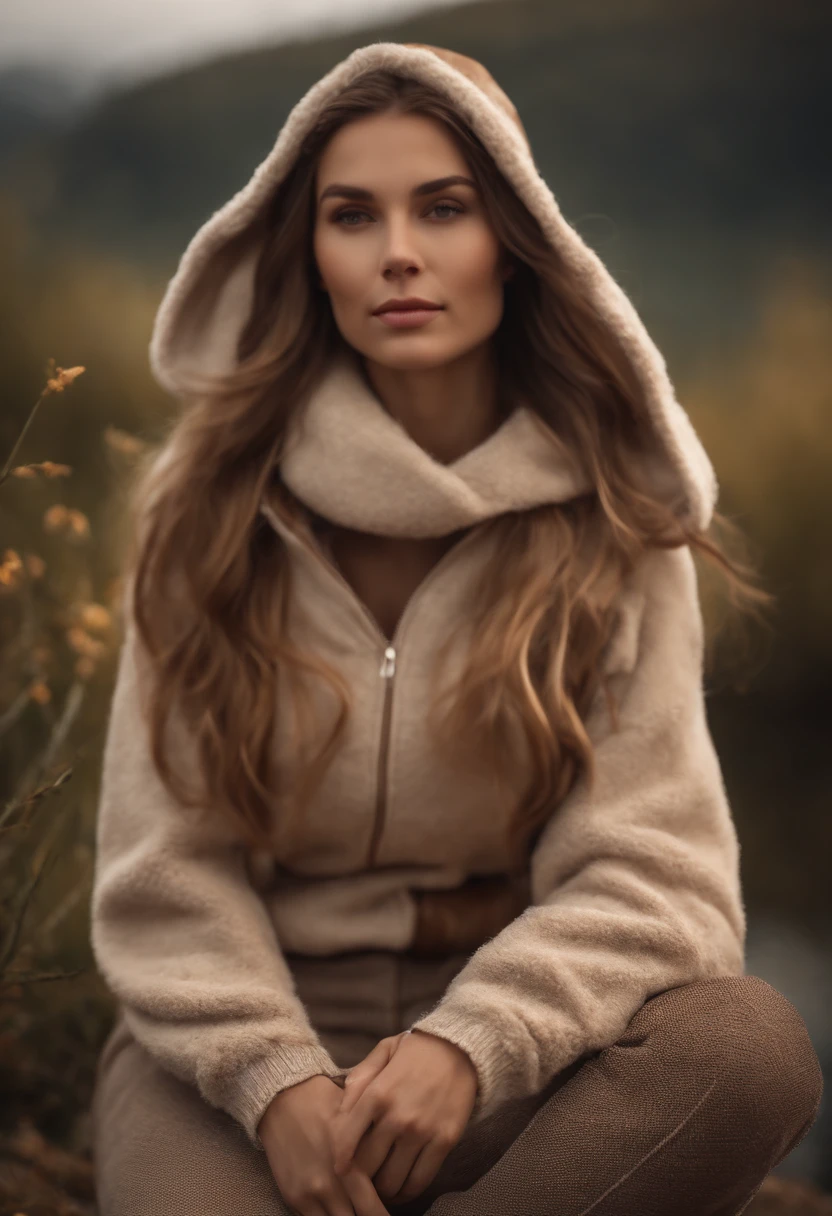 Arafid Woman, (Meisterwerk: 1.3), (8K, realistisch, RAW-Foto, best qulaity: 1.4), best qulaity, hight resolution, Meisterwerk, bestes Detail, 8K, 3D-Modell in cremefarbenem Fleece-Kapuzenpulli und Hose, im weichen Stil gemacht, Gesichtsdetail, Mulattin, bodenlang, Fantastic quality, weibliche Ausgelassenheit, mattes Foto, keine Beschriftungen oder Logos