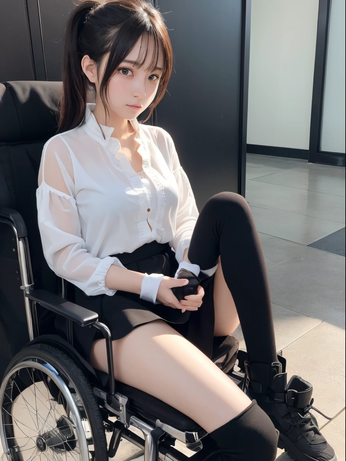 (((masutepiece))), (((Best Quality))), ((Ultra-detailed)), (Illustration), (Detailed light),((extremely delicate and beautiful)),(Beautiful detailed eyes), BREAK 1girl, Solo,(tareme:1.3),(drooing eyes:1.3),blake brown,Ponytail, Blouse,Jacket,Open Finger Gloves、Black skirt,Black knee pads、White loose socks、boots,Being in a wheelchair、Beautiful thighs