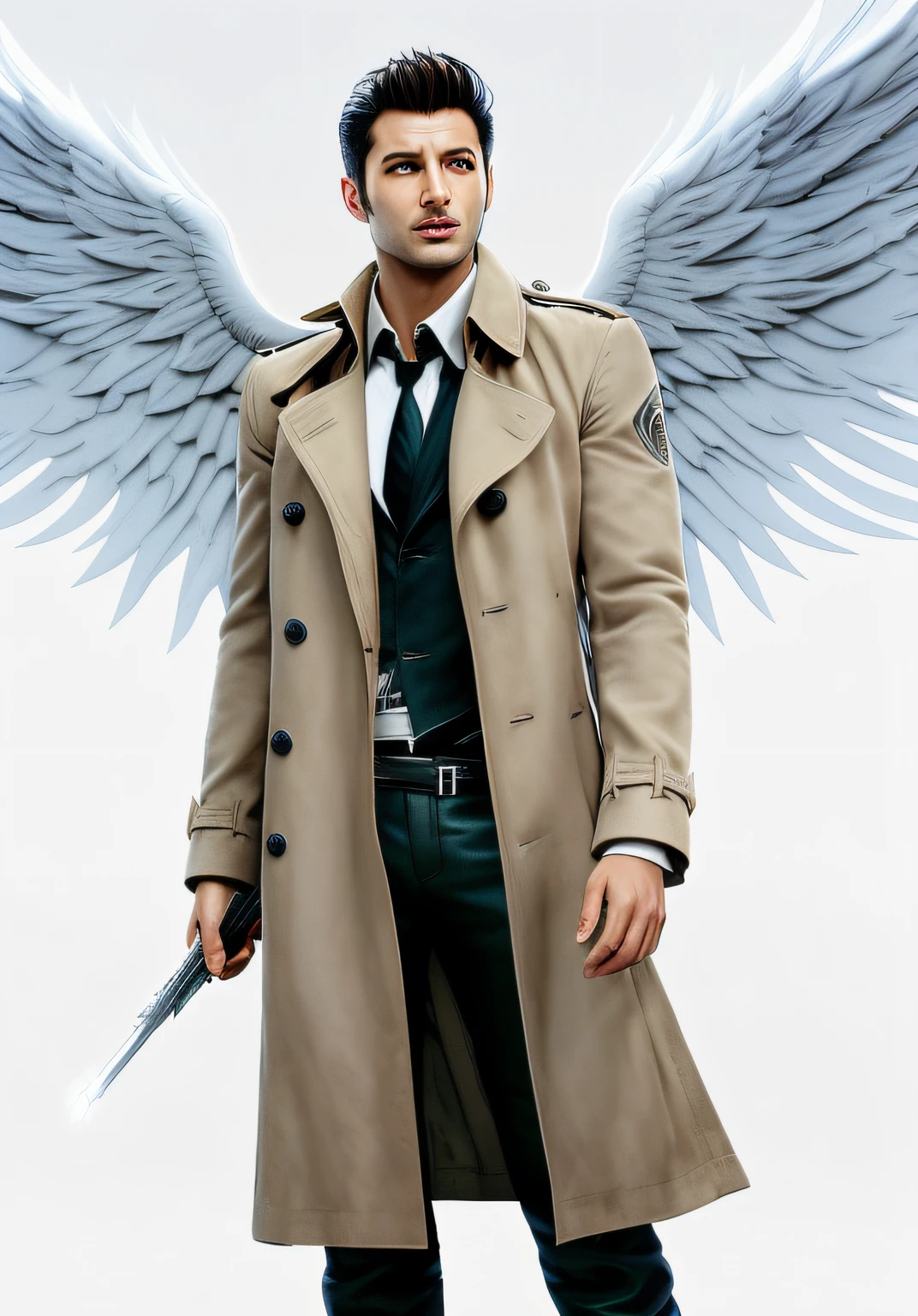 arafed image of a man in a trench coat with wings, full - body majestic angel, angel, low angel, constantine, lucifer, dean winchester, hq, one angel, he is wearing a trenchcoat, supernatural, adi granov, textless, high angel distant shot, full body portrait, super wide angel, fullbody portrait, angelical