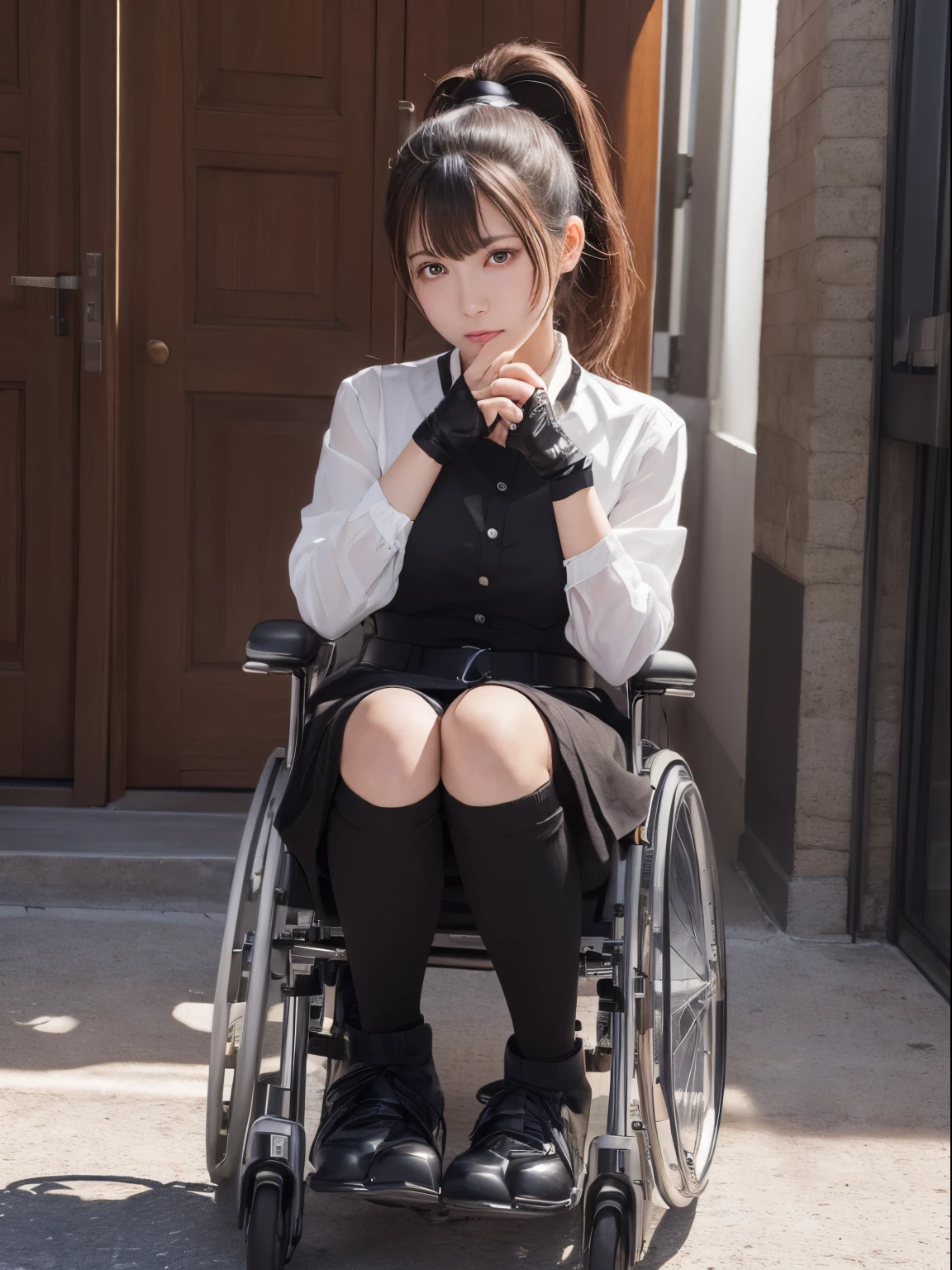 (((masutepiece))), (((Best Quality))), ((Ultra-detailed)), (Illustration), (Detailed light),((extremely delicate and beautiful)),(Beautiful detailed eyes), BREAK 1girl, Solo,(tareme:1.3),(drooing eyes:1.3),blake brown,Ponytail, Blouse,Jacket,Open Finger Gloves、Black skirt,Black knee pads、White loose socks、boots,Being in a wheelchair、Beautiful thighs