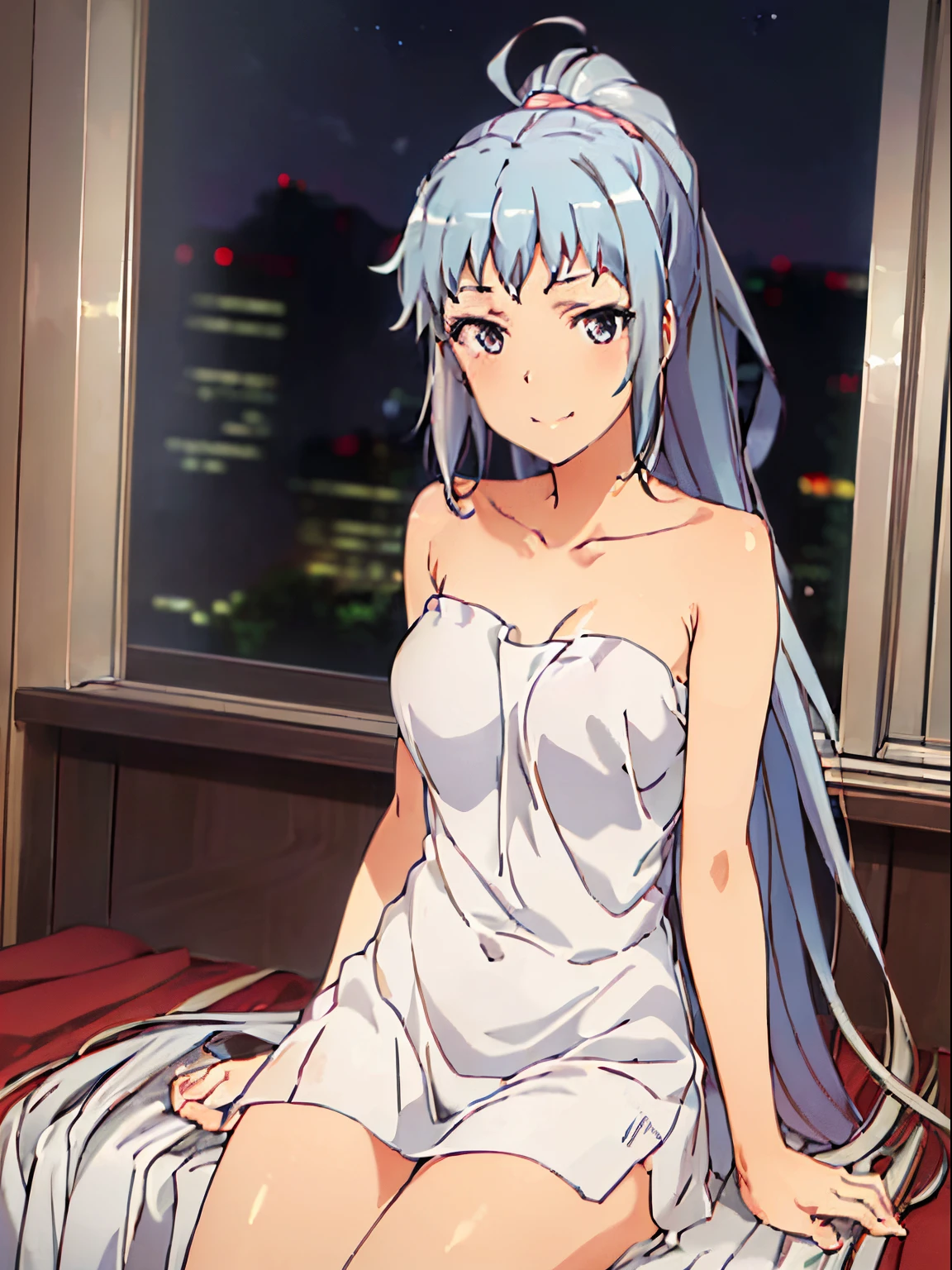 masterpiece, (best quality: 1.3), 8K, wallpaper, depth of field, beautiful detailed eyes, (1 girl, alone, saki kawasaki, (long hair, straight hair: 1.3), large breasts, medium hips, Thighs wide, window, smile, blush, (night sky: 1.2 ), (cityscape), interior, sitting, bed, sheet, collarbone, bare towel)