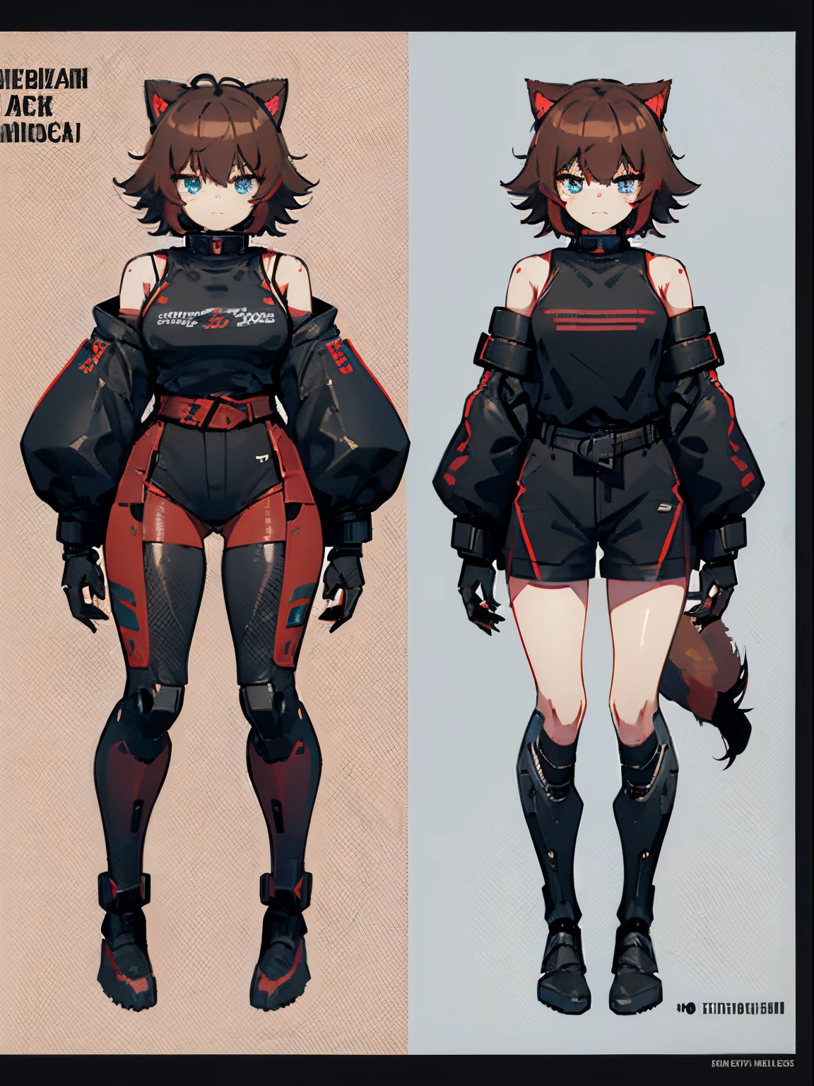 Masterpiece, intricate, anime style, full body, 1girl, rakkun, mecha girl, tanuki ears, red inner ears, red inner ear hair, 1tail, fluffy tail, racoon tail, brown and light brown ringed tail, beautiful eyes, detailed eyes, red and blue eyes blurred, cyber eyes, short hair, red inner hair, brown hair, a strand of hair on the left side, red hair strips, cybernetic body, mecha arms, mecha legs, mechanical arms, mechanical legs, short black shirt uncovered on the shoulders and with a black mesh with black borders up to the collar, polo shirt, short black skitr whit dark red checkered, black belt around the waist, looking at viewer, detailed face, best quality, 4k,highres, professional art, professional drawing, professional lineart, outlined markers