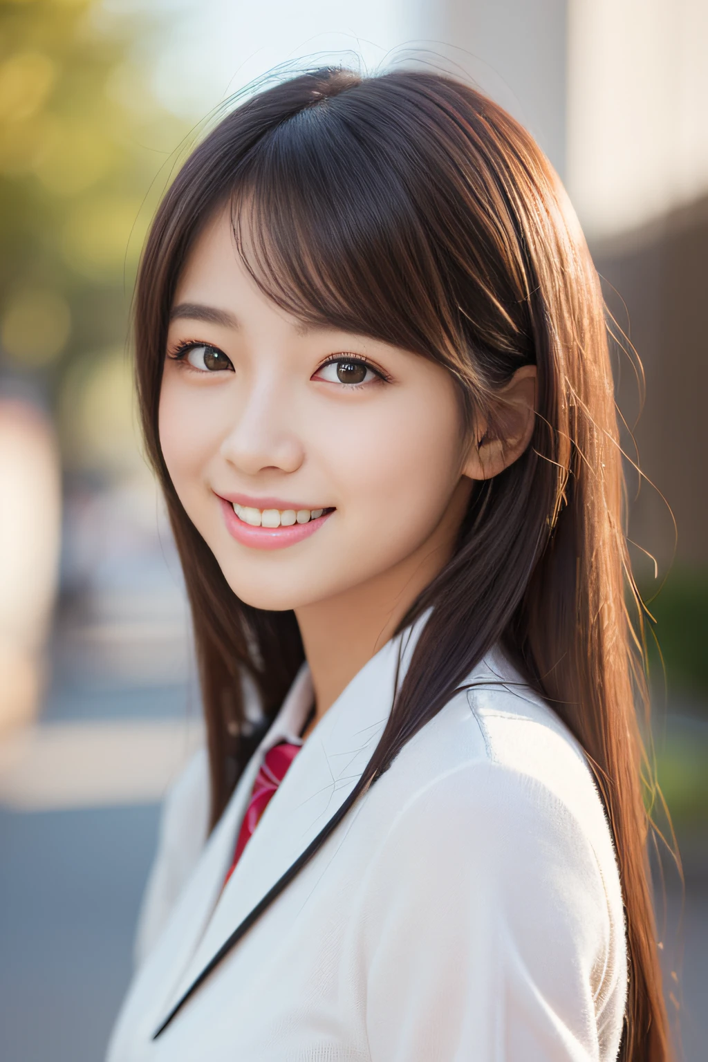 (8K、Raw photography、top-quality、​masterpiece:1.2)、(realisitic、Photorealsitic:1.37)、ultra-detailliert、超A high resolution、女の子1人、(beautifull detailed face、Face with golden ratio on left and right、Well-balanced eyes、二重まぶた)、Beautiful detailed skin、Skin Texture、Professional Lighting、japanese hight school uniform、hi-school girl、Happy smile、