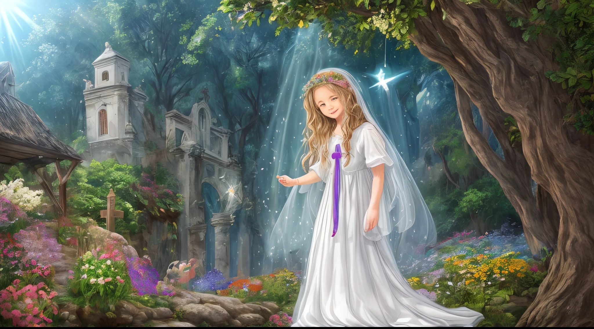 Crie uma imagem ilustrativa, for children from a children's book, menina de 10 anos, cabelos loirinhos e pele branca, disabled, cadeirante, sorridente, no jardim colorido com flores vibrantes. O sol brilha suavemente, criando uma atmosfera calorosa e acolhedora e ao fundo, uma igreja pequena e encantadora. May it convey peace and security. A menina Maria, segurando uma vela acessa, simbolizando a luz de Deus.