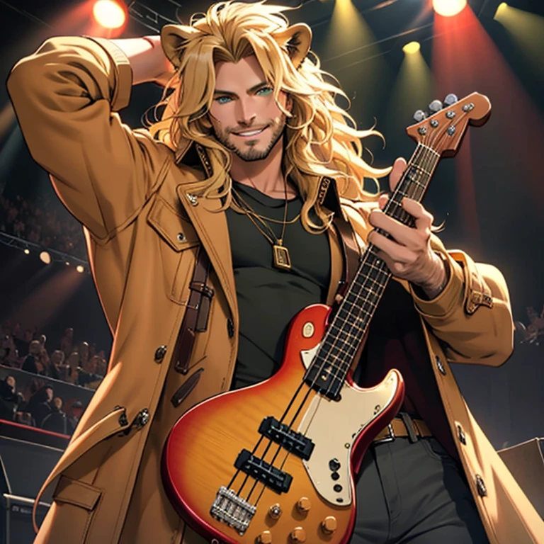Brown leather coat, One male, lion ears, long hair, blond, blond hair, green eyes, tall, muscular, beautiful face, highest quality, masterpiece, 3d, anime, perfect face, highest detail, feline eyes, stubble, lion tail, wavy hair, cowboy shot, detailed face, intricate details, stage background, smile, solo, holding black bass guitar