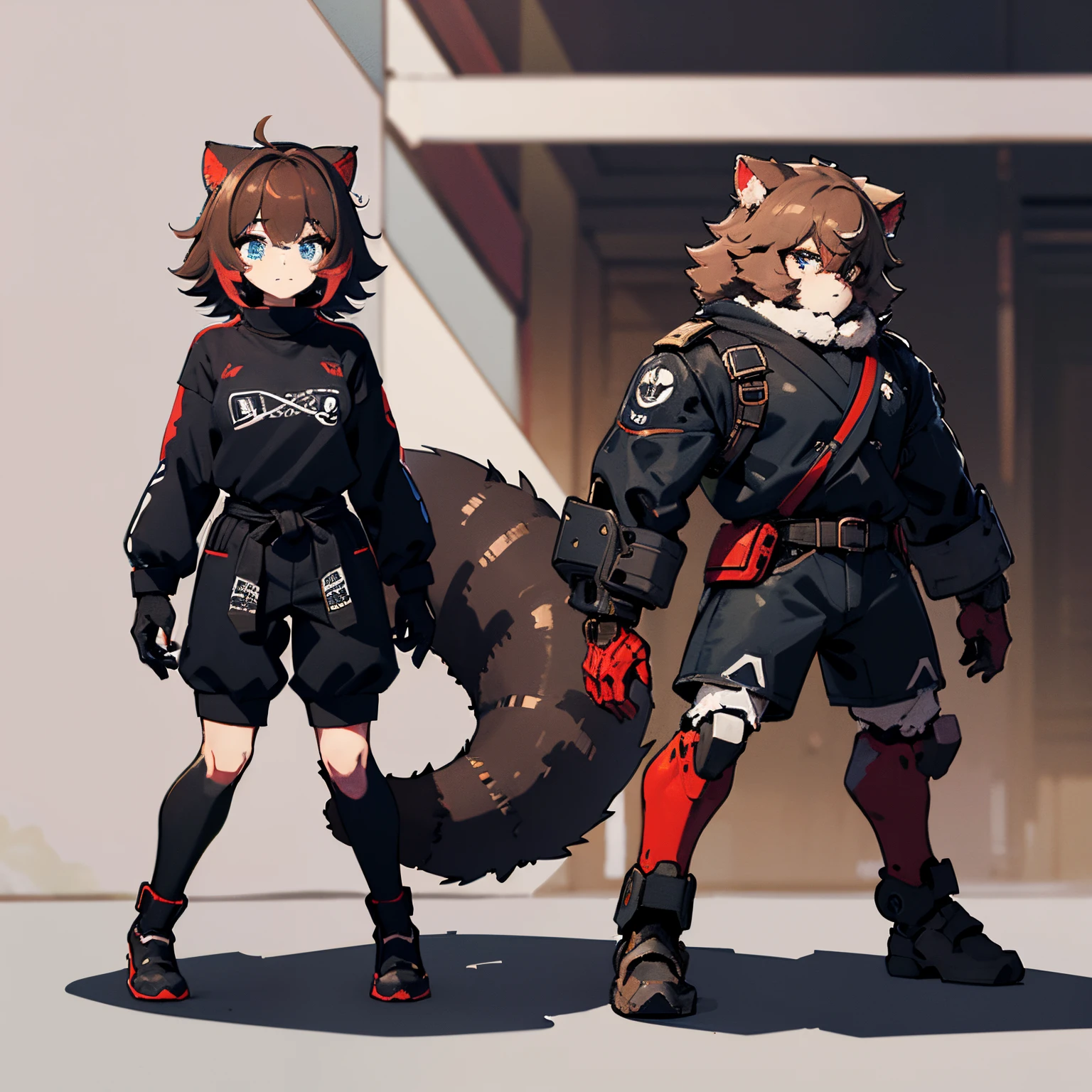 Masterpiece, intricate, anime style, full body, 1girl, rakkun, mecha girl, tanuki ears, red inner ears, red inner ear hair, 1tail, fluffy tail, racoon tail, brown and light brown ringed tail, beautiful eyes, detailed eyes, red and blue eyes blurred, cyber eyes, short hair, red inner hair, brown hair, a strand of hair on the left side, red hair strips, cybernetic body, mecha arms, mecha legs, mechanical arms, mechanical legs, short black shirt uncovered on the shoulders and with a black mesh with black borders up to the collar, polo shirt, short black skitr whit dark red checkered, black belt around the waist, looking at viewer, detailed face, best quality, 4k,highres, professional art, professional drawing, professional lineart, outlined markers