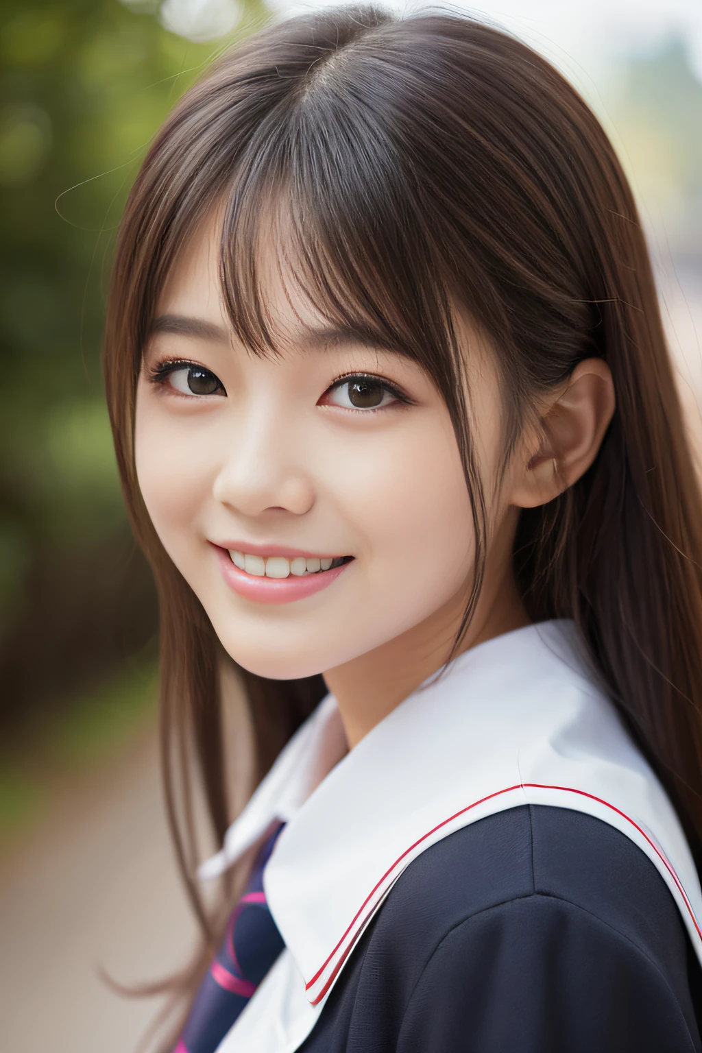 13years、brown haired、beautidful eyes、real looking skin、hi-school girl、a sailor suit、small tits、(8K、​masterpiece)、(reallistic、Photorealsitic)、top-quality、ighly detailed、The ultra-detailliert、Beautie、cute little、japanes、Idol、a smile、Close-up portrait、Healthy face