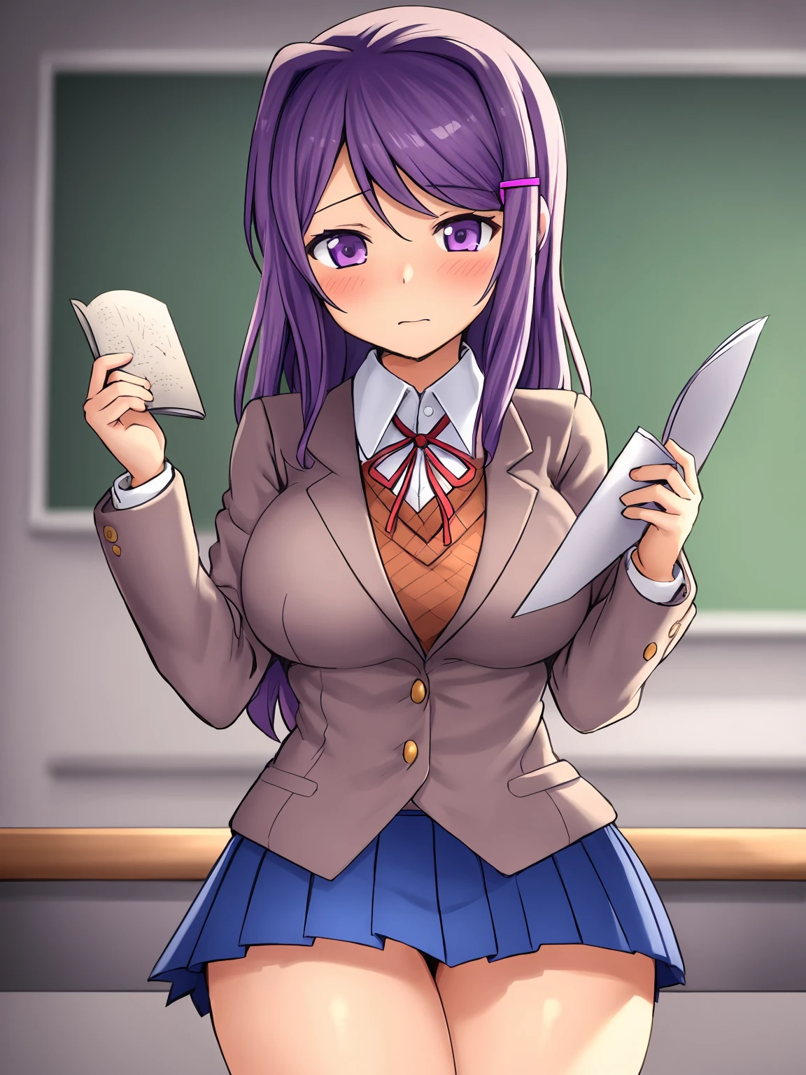 anime, 2d, (Masterpiece, best quality)+, colorful, (highly detailed)+, (very delicate, beautiful)+, character design, female focus, solo, 1girl, yuri (Doki Doki Literature Club), hair ornament, hairclip, long hair, purple eyes, purple hair, large supple breasts, wide hips, soft thighs, school uniform, blazer, brown sweater, collared shirt, neck ribbon, blue skirt, school setting, in classroom, shy, soft blush, holding dark purple book,