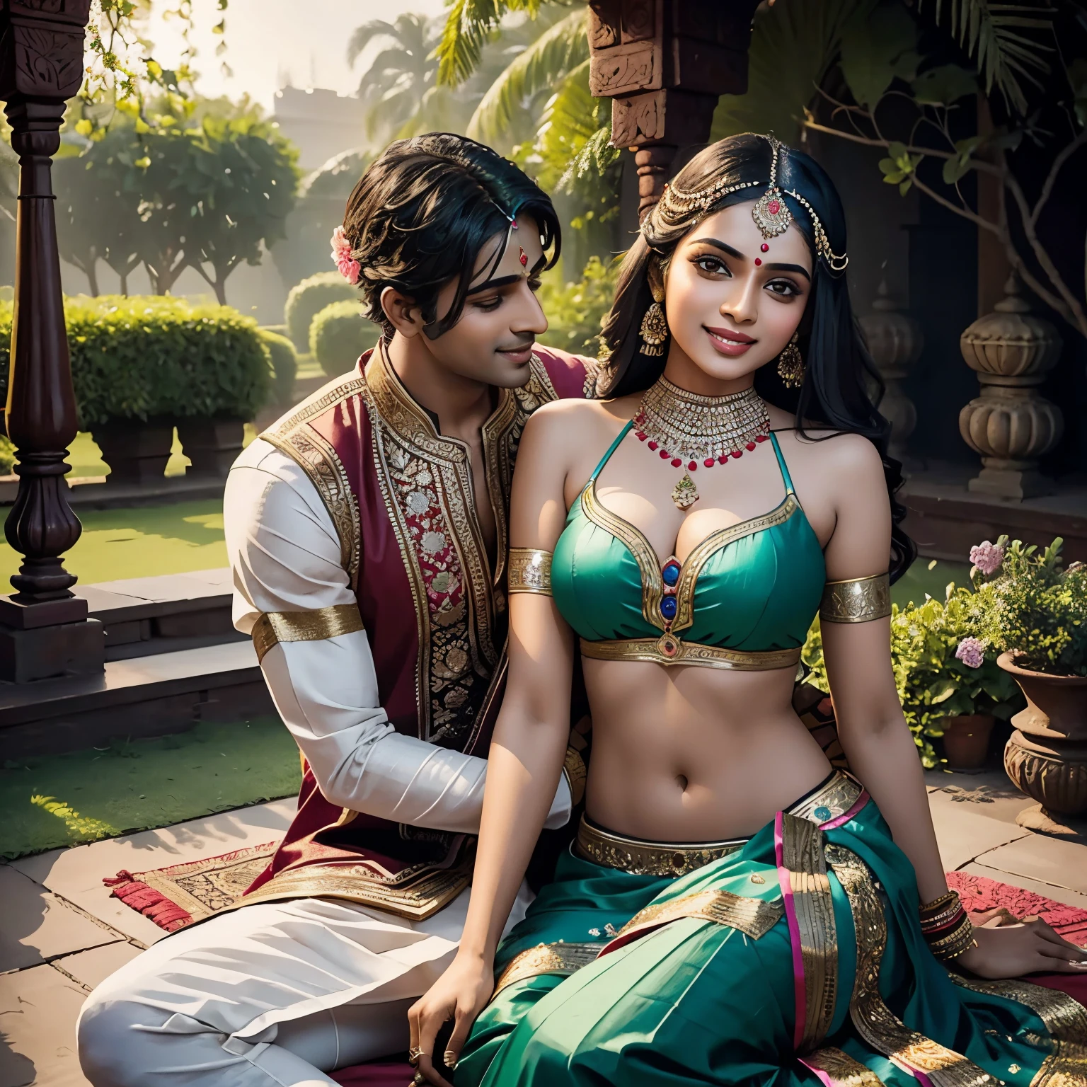 Sexy Indian young Woman wearing sexy lehenga, sitting on lap of clean shaved romantic man (lord Krishna), making out, aggressively, peacock feather, Indian traditional dress, Krishna and Radha, in a garden, smiling each other