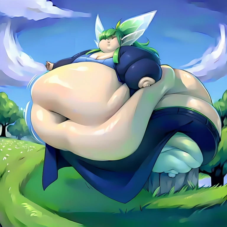 wind spirit, green, Male ,long hair, Femboy,((Flat chest)),Fairy,Fairy Wings ,extremely obese, (obese belly):1.8, (obese legs):1.5, gigantic ass, Massive Thighs,fat rolls, massive SSBBW body, massive hyperbelly, soft massive obese, (Clear Detailed face,):1.5, (anatomically accurate body)),(( Anatomically accurate legs and Arms ))