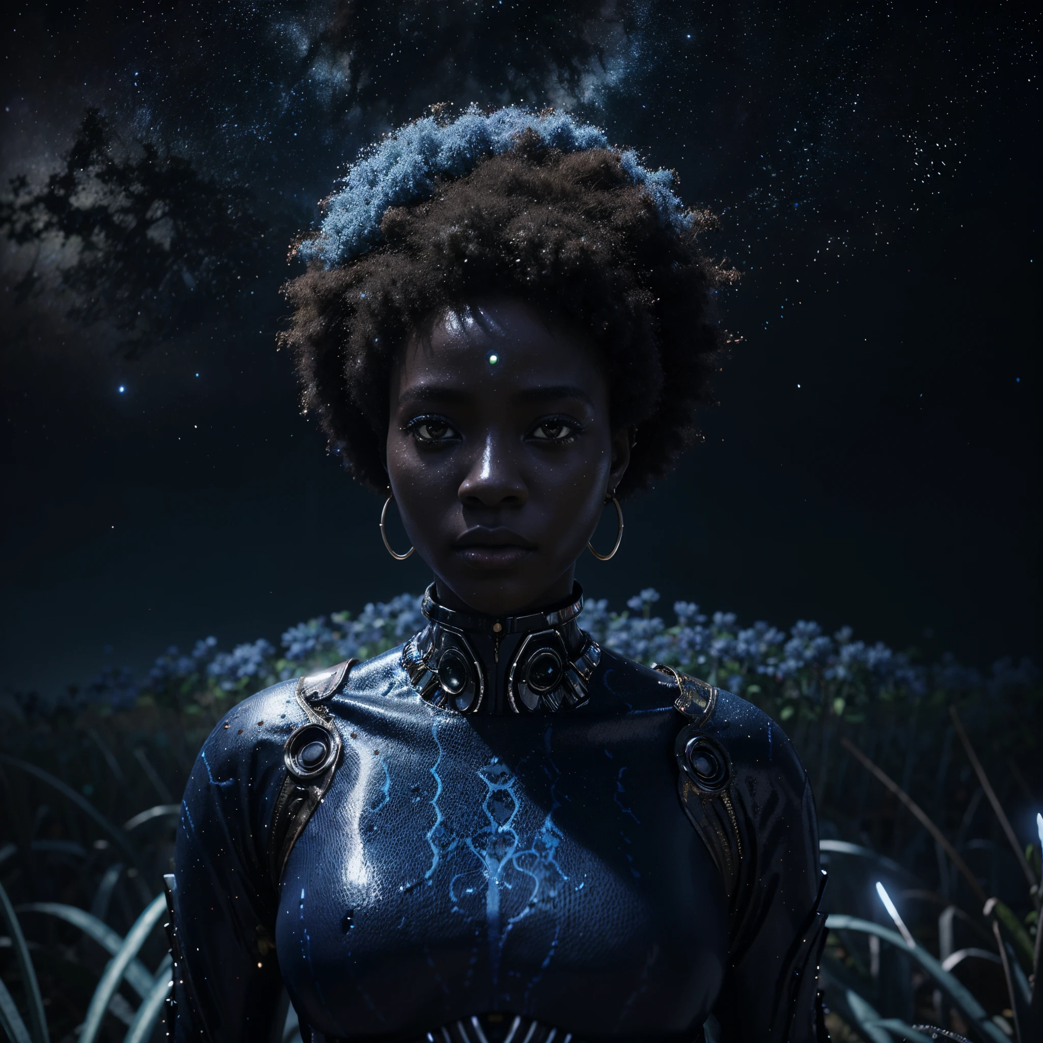 afro-anime art POV shot of African woman on an alien planet full of glowing blue fireflies and hybrid alien plants, dressed in African designed alien futuristic synthetic clothes, sci-fi art, cosmic art, afro anime style, black anime, 32k, ultra HD, unreal engine rendered, hyper-realistic image, cinematic lighting