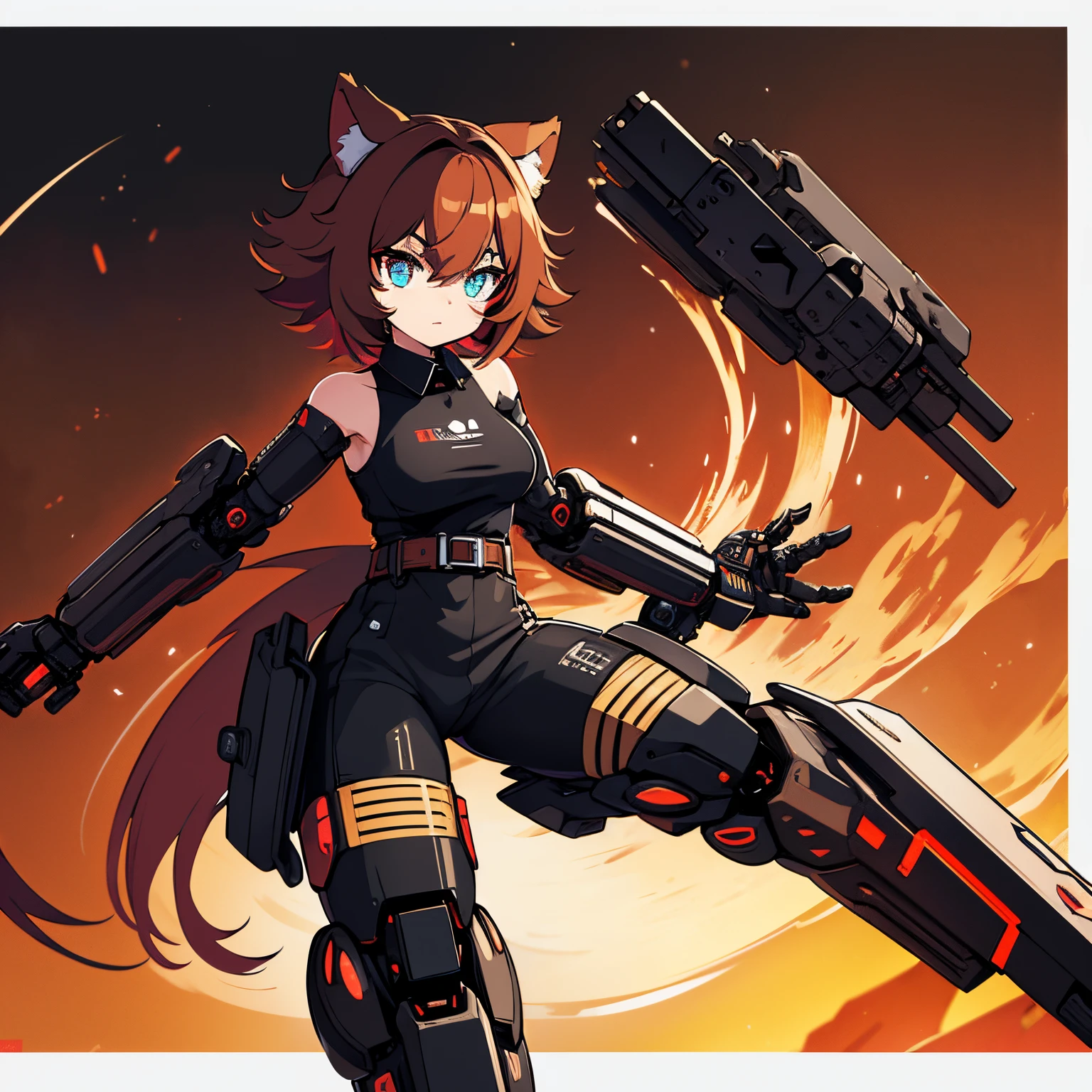 Masterpiece, intricate, anime style, full body, 1girl, rakkun, mecha girl, tanuki ears, red inner ears, red inner ear hair, 1tail, fluffy tail, racoon tail, brown and light brown ringed tail, beautiful eyes, detailed eyes, red and blue eyes blurred, cyber eyes, short hair, red inner hair, brown hair, a strand of hair on the left side, red hair strips, cybernetic body, mecha arms, mecha legs, mechanical arms, mechanical legs, short black shirt uncovered on the shoulders and with a black mesh with black borders up to the collar, polo shirt, short black skitr whit dark red checkered, black belt around the waist, looking at viewer, detailed face, best quality, 4k,highres, professional art, professional drawing, professional lineart, outlined markers