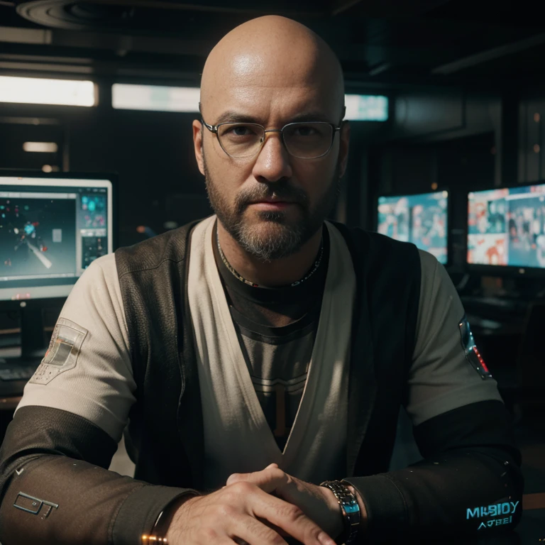 ((Best quality)), ((masterpiece)), (highly detailed:1.3), 3D, beautiful (cyberpunk:1.3), front view of manly bald man with beard and with elegant glasses working at computer screen, computer servers, LCD screens, fibre optic cables, corporate logos,HDR (High Dynamic Range),Ray Tracing,NVIDIA RTX,Super-Resolution,Unreal 5,Subsurface scattering,PBR Texturing,Post-processing,Anisotropic Filtering,Depth-of-field,Maximum clarity and sharpness,Multi-layered textures,Albedo and Specular maps,Surface shading,Accurate simulation of light-material interaction,Perfect proportions,Octane Render,Two-tone lighting,Low ISO,White balance,Rule of thirds,Wide aperature,8K RAW,Efficient Sub-Pixel,sub-pixel convolution,luminescent particles