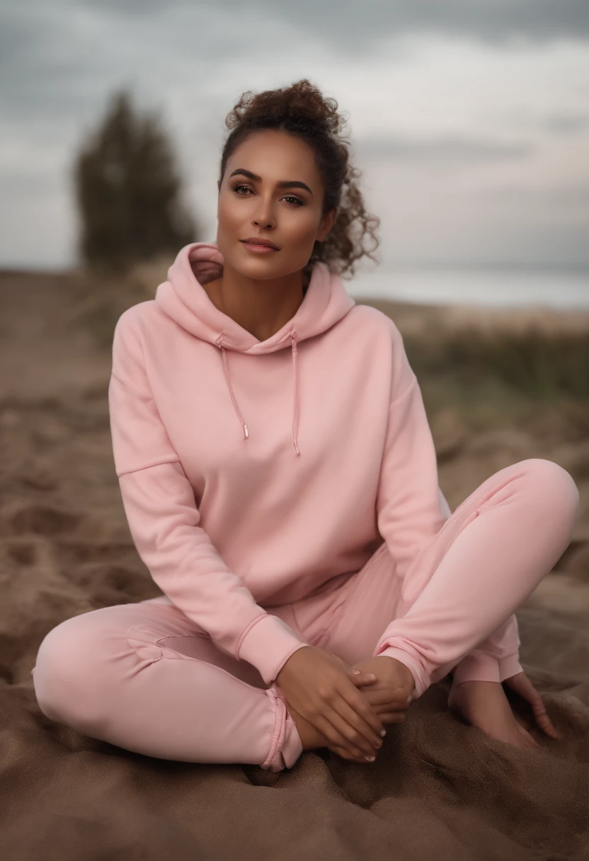 Arafida woman, (tmasterpiece: 1.3), (8K, Realistisch, photo in RAW format, beste-Qualit: 1.4), beste-Qualit, hight resolution, tmasterpiece, best detail, 8K, 3D model wearing a pink sweatshirt and pants, made in a soft style, face detail, a mulatto, Floor length, Fantastic quality, feminine exuberance, boring photo, no inscriptions or logos