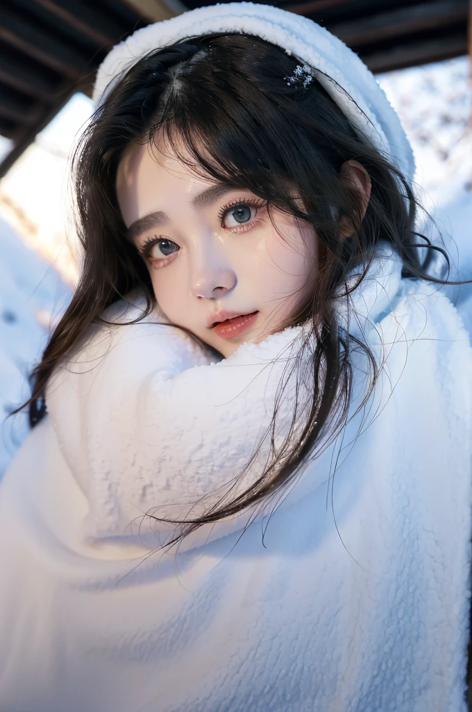(top-quality:1.5)、(masterpiece:1.2)、(Photorealsitic:1)、4k、(RAW Photography:1.1)、1 girl in、a 、20yr old、looking at the viewers、A dark-haired、ice land、yuki、icy、kou、Eskimo、portlate、Warm clothing、gloves、muffler、eye closed、A slight smil、kawaii、The upper part of the body、Snow is piled up、wide Shots