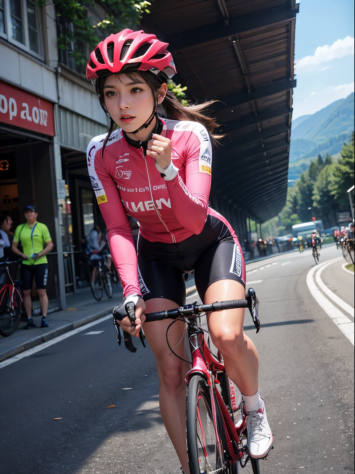 full body, pink theme(1.2), beautiful woman cyclist pedaling her bicycle dynamically in a road race. Illustration, luster, strong muscles, determined expression, aerodynamic cycling jersey, sleek helmet, focused eyes, flowing hair, smooth pedaling motion, intense competition, cheering crowd, scenic mountain range of the Alps background, challenging race route, professional equipment, detailed high-performance road bike, speed, passion, adrenaline rush, glossy, dutch angle, muscular, toned body,