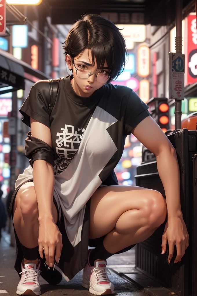 1girl, beautiful girl, wearing eyeglasses, brown skin, small mole on her left cheek, full body, Body Length 150 cm, 20 years old, brown skin girl, .(short black hair, Street hairstyle) , (black eyes), realistic eyes, beautiful and big eyes), masculine clothing, yakoza clothes, Delinquent clothes, Wearing sneakers, Small breasts, (8k wallpaper), (Tokyo streets wallpaper) 8k, high quilty, realistic, beautiful realistic, Cool details, raw photo, realistic clothing, short hair, black hair, realistic hair, Light and cool lighting, photo realistic, Cel shaded, Gel lighting, ultra details
