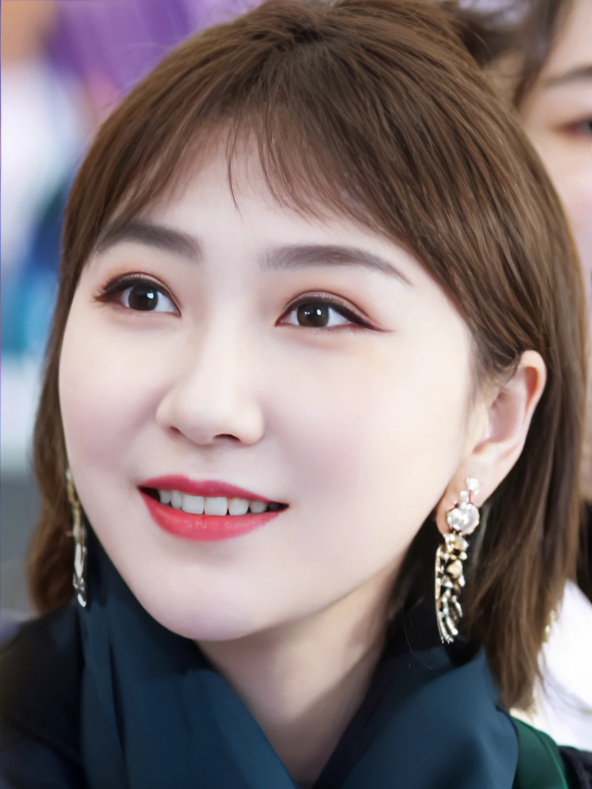 There is a smiling woman wearing a scarf and earrings, Portrait of a Korean female idol, Canon eos r 6 shot, Inspired by Shen Si Zheng, inspired by Yao Tingmei, kpop idol portrait, korean artist, Inspired by Kim Chung Hee, beautiful Korean women, cai xukun, Nam Jae-yeon, gongbi, xue han