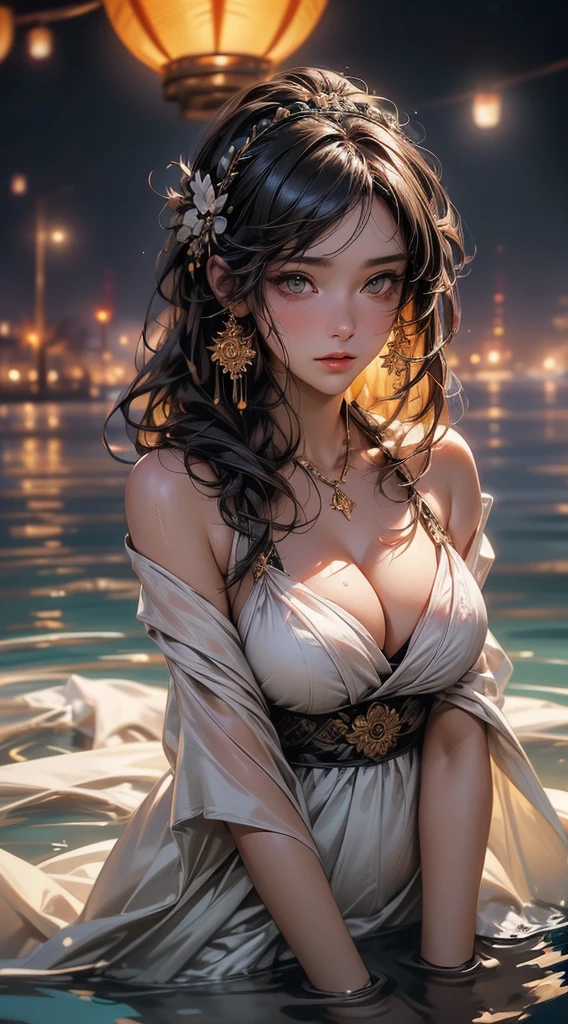 (((8k wallpaper of extremely detailed CG unit, masterpiece, 超A high resolution:1.2, top-quality:1.2, masutepiece, textures and maximum detail))), ((extremely beautiful lady, A dark-haired, de pele branca, White kimono, Red band:1.2, Undersized breasts)), ((The best lighting, extremely detailed beautiful face, Highly detailed black eyes, Glowing pupils, Very beautiful body, Top quality real texture skins)), (Exposed cleavage, Exposed shoulders and legs), paper lanterns:1.2, Eau, playing in the water, Water surface reflection:1.2, hyper realisitic, digitial painting,