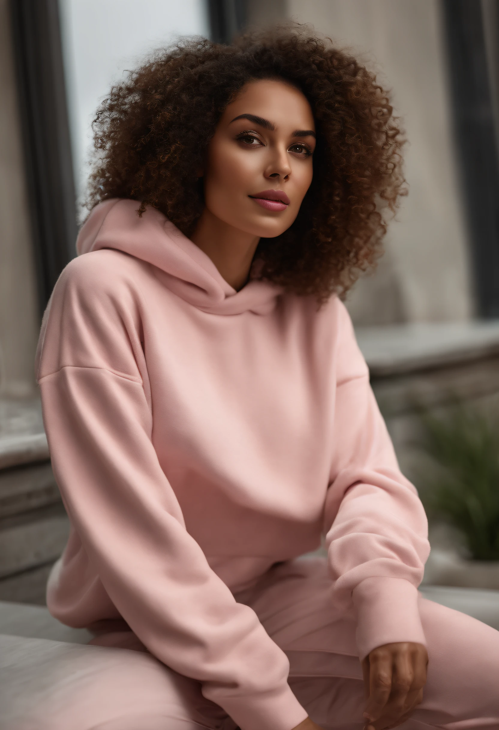 Arafida woman, (tmasterpiece: 1.3), (8K, Realistisch, photo in RAW format, beste-Qualit: 1.4), beste-Qualit, hight resolution, tmasterpiece, best detail, 8K, 3D model wearing a pink sweatshirt and pants, made in a soft style, face detail, a mulatto, Floor length, Fantastic quality, feminine exuberance, boring photo, no inscriptions or logos