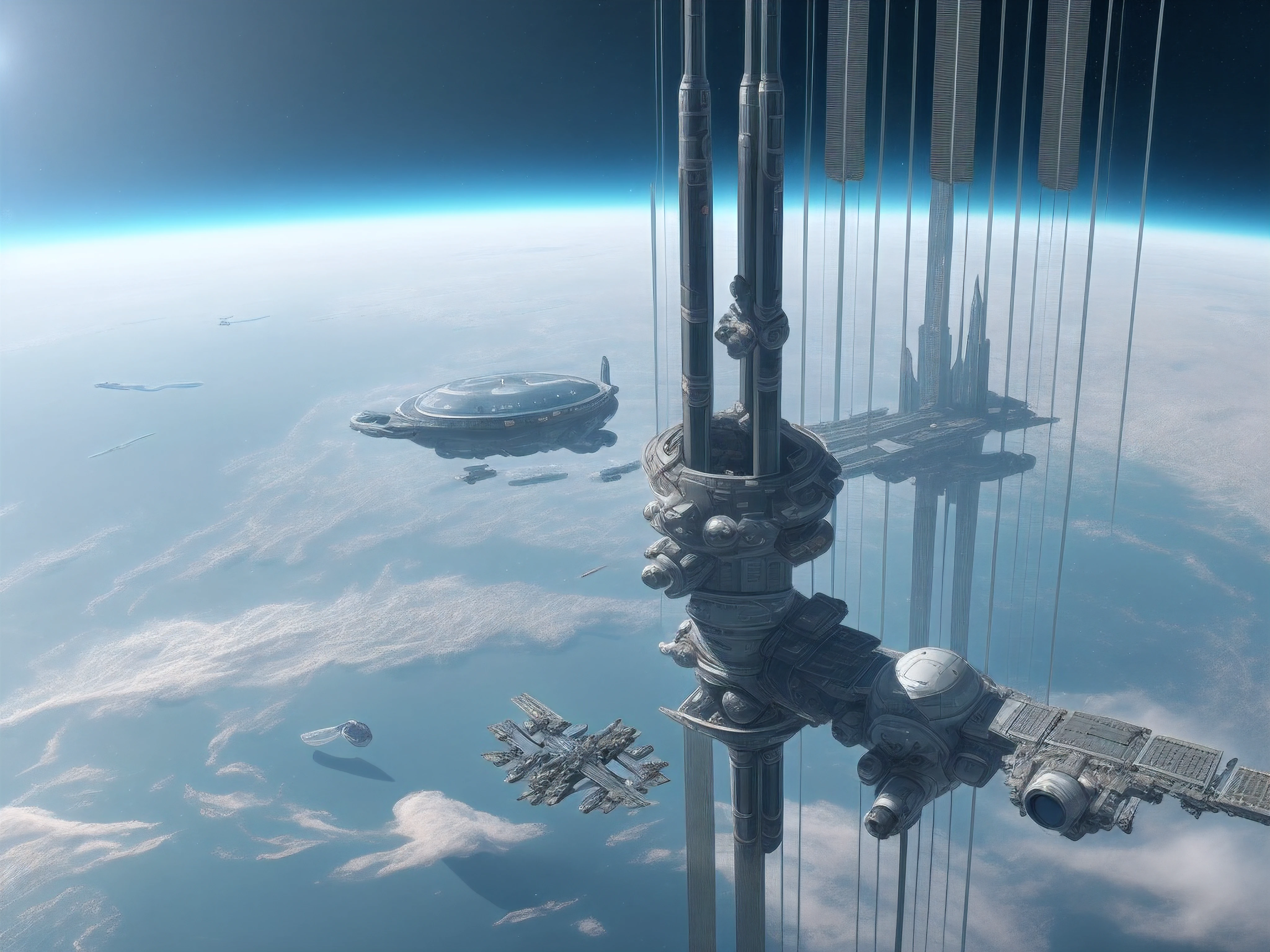 Close-up of space station in the sky，The earth can be seen, space elevator, russian orbit city cityscape, A city floating in the air, Epic mega buildings, Sci-fi matte painting, megastructure in the background, megastructures, Sci-fi matte painting, chrome city of the future, future spaceport, depicted as a scifi scene, Future space station，Dark blue cosmic background