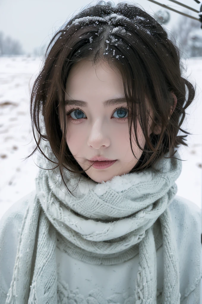 masutepiece, Best Quality，8K, 超A high resolution，lighting like a movie，(beautidful eyes)， ((Medium view，The upper part of the body))，in the snow season，gentle goddess，At the foot of the silver shining mountain，Snowflakes fell on the ends of her hair and on her shoulders,(top-quality:1.5)、(​masterpiece:1.2)、(Photorealsitic:1)、4k、(RAW Photography:1.1)、1 girl in、a baby face、20yr old、looking at the viewers、A dark-haired、ice land、yuki、icy、kou、Eskimo、portlate、Warm clothing、gloves、muffler、eye closed、A slight smil、kawaii、The upper part of the body、Snow is piled up、wide Shots