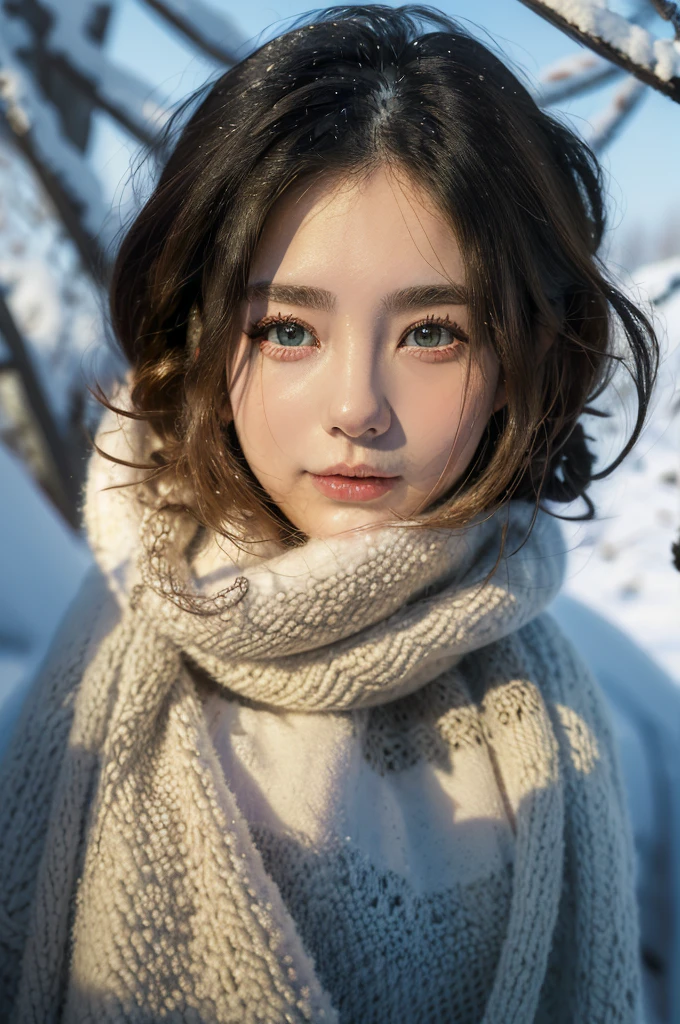masutepiece, Best Quality，8K, 超A high resolution，lighting like a movie，(beautidful eyes)， ((Medium view，The upper part of the body))，in the snow season，gentle goddess，At the foot of the silver shining mountain，Snowflakes fell on the ends of her hair and on her shoulders,(top-quality:1.5)、(​masterpiece:1.2)、(Photorealsitic:1)、4k、(RAW Photography:1.1)、1 girl in、a baby face、20yr old、looking at the viewers、A dark-haired、ice land、yuki、icy、kou、Eskimo、portlate、Warm clothing、gloves、muffler、eye closed、A slight smil、kawaii、The upper part of the body、Snow is piled up、wide Shots