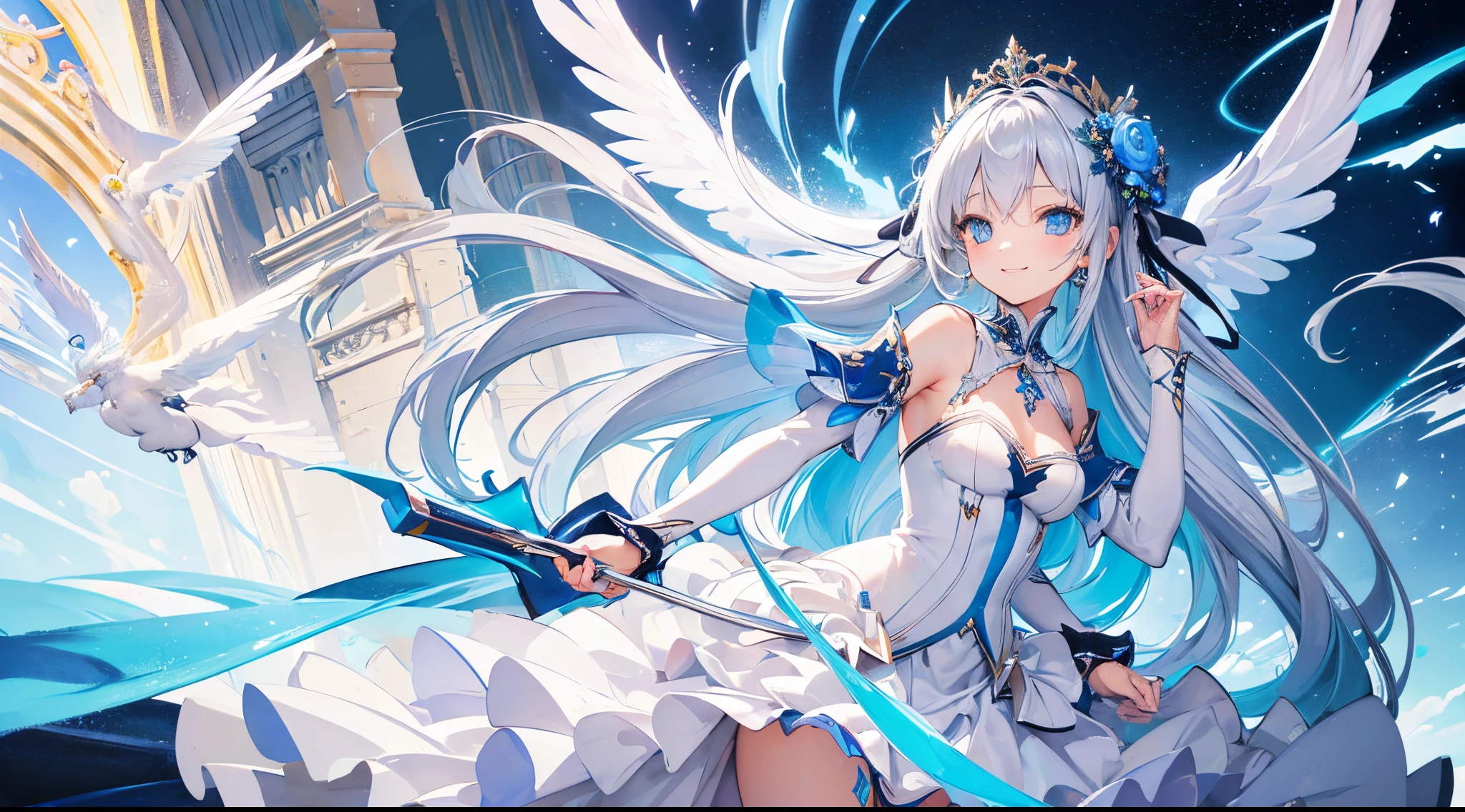 ((masterpiece)), (vibrant color), 1 angel girl, (best quality), (ultra detailed), (sharp focus), (depth of field), (cinematic lighting), silver hair, long hair, blue eyes, smile, empire wedding dress, angel wings, Greek architecture, blue sky, more prism, vibrant color