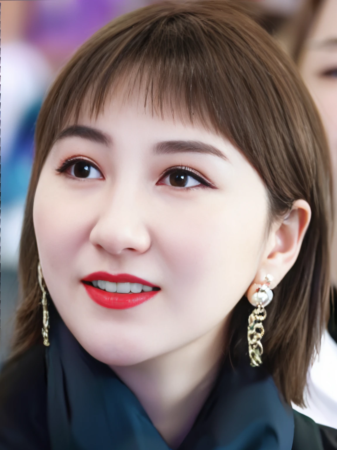 There is a smiling woman wearing a scarf and earrings, Portrait of a Korean female idol, Canon eos r 6 shot, Inspired by Shen Si Zheng, inspired by Yao Tingmei, kpop idol portrait, korean artist, Inspired by Kim Chung Hee, beautiful Korean women, cai xukun, Nam Jae-yeon, gongbi, xue han