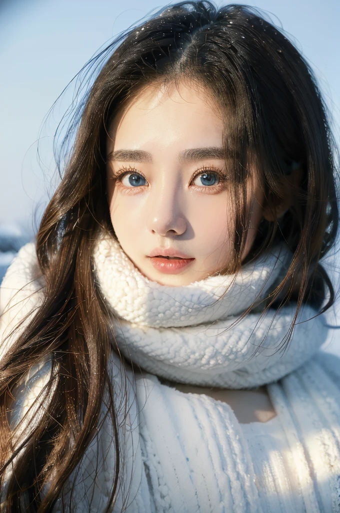 masutepiece, Best Quality，8K, 超A high resolution，lighting like a movie，(beautidful eyes)， ((Medium view，The upper part of the body))，in the snow season，gentle goddess，At the foot of the silver shining mountain，Snowflakes fell on the ends of her hair and on her shoulders,(top-quality:1.5)、(​masterpiece:1.2)、(Photorealsitic:1)、4k、(RAW Photography:1.1)、1 girl in、a baby face、20yr old、looking at the viewers、A dark-haired、ice land、yuki、icy、kou、Eskimo、portlate、Warm clothing、gloves、muffler、eye closed、A slight smil、kawaii、The upper part of the body、Snow is piled up、wide Shots,asian
